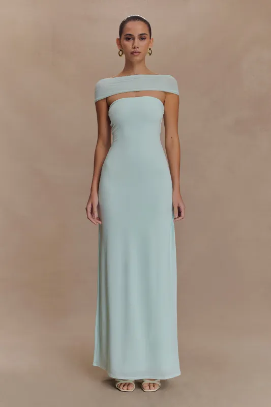 Aurora Slinky And Mesh Split Maxi Dress - Lagoon sold by Meshki
