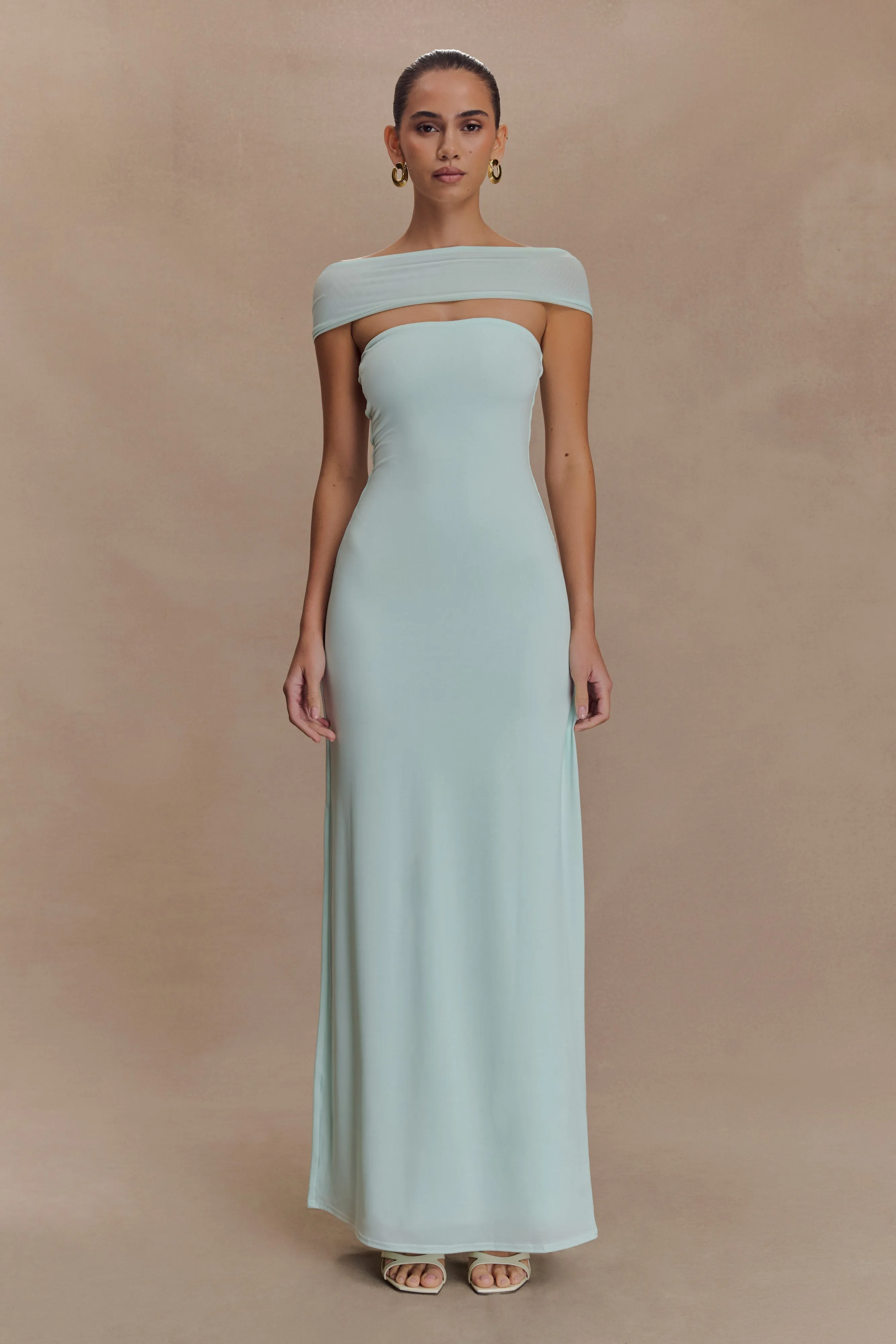 Aurora Slinky And Mesh Split Maxi Dress - Lagoon sold by Meshki
