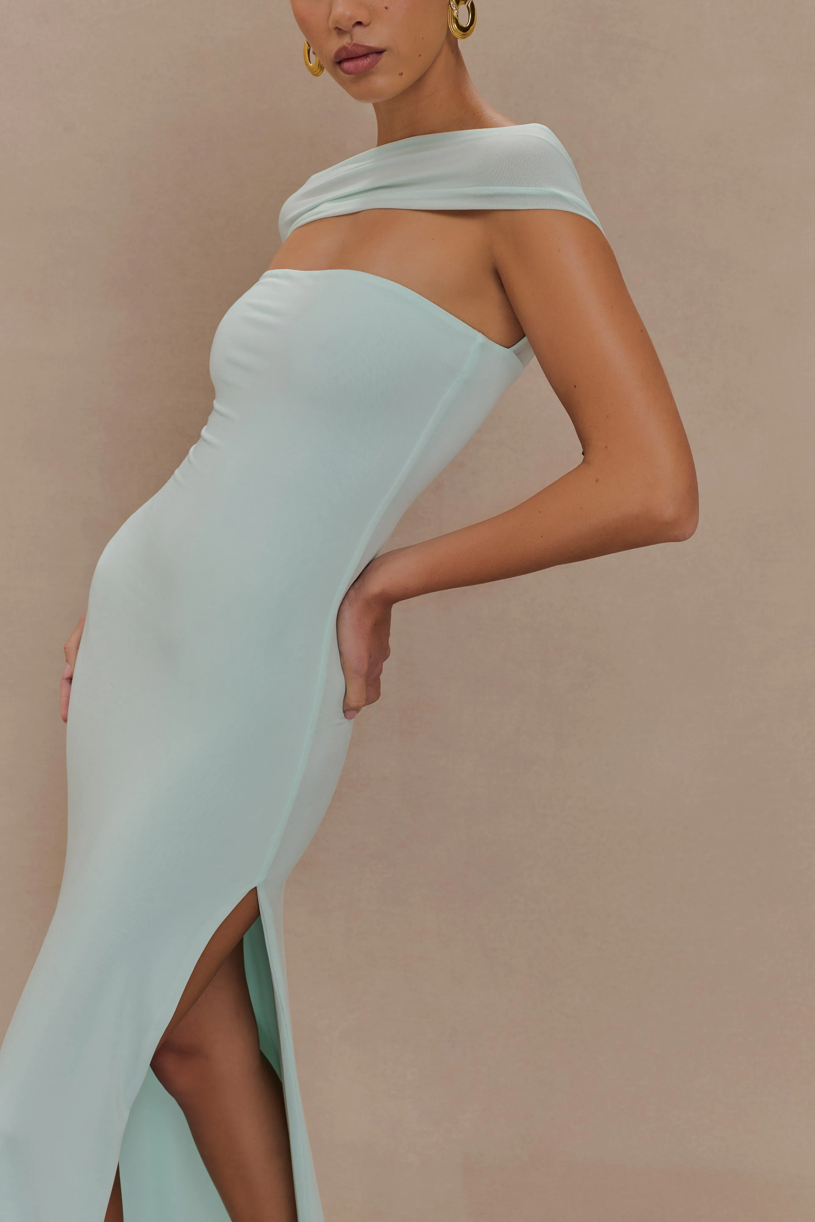 Aurora Slinky And Mesh Split Maxi Dress - Lagoon sold by Meshki product image thumbnail 3