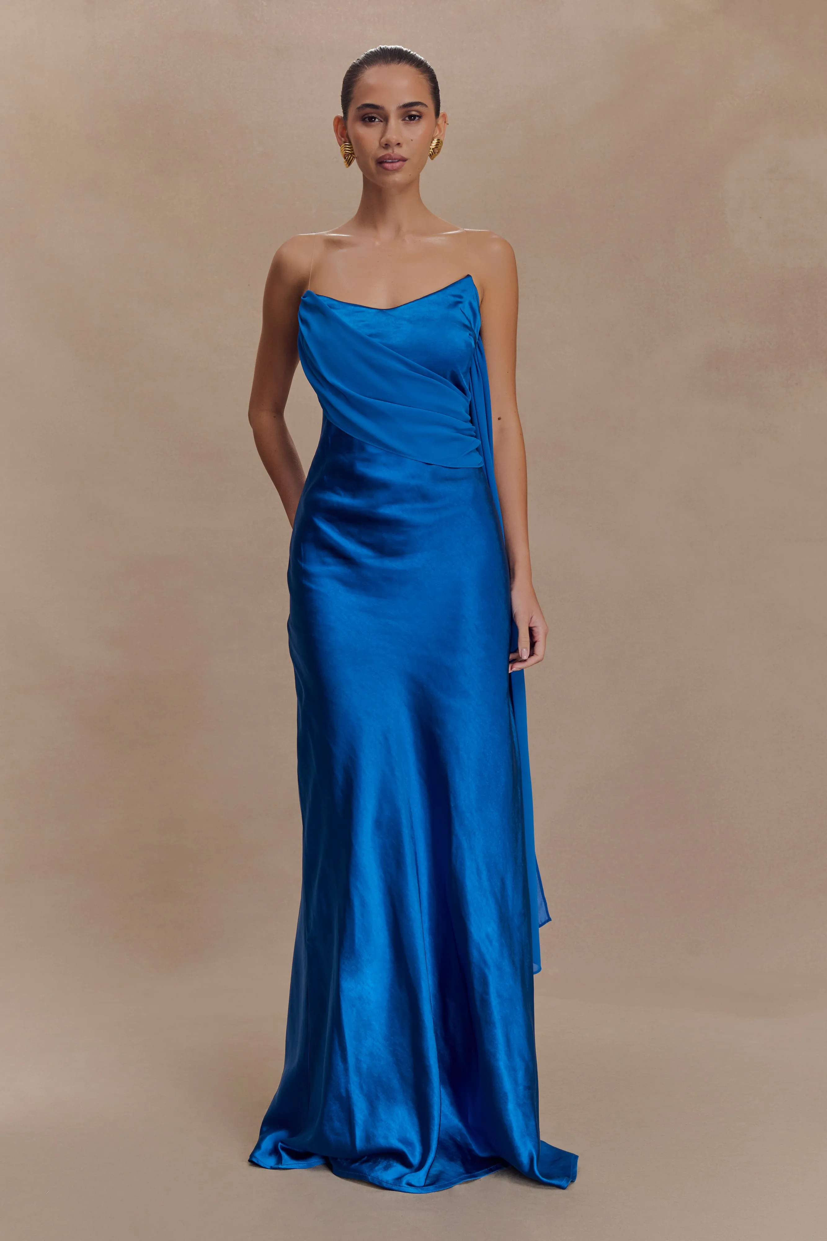 Carah Satin And Chiffon Maxi Dress - Cobalt sold by Meshki