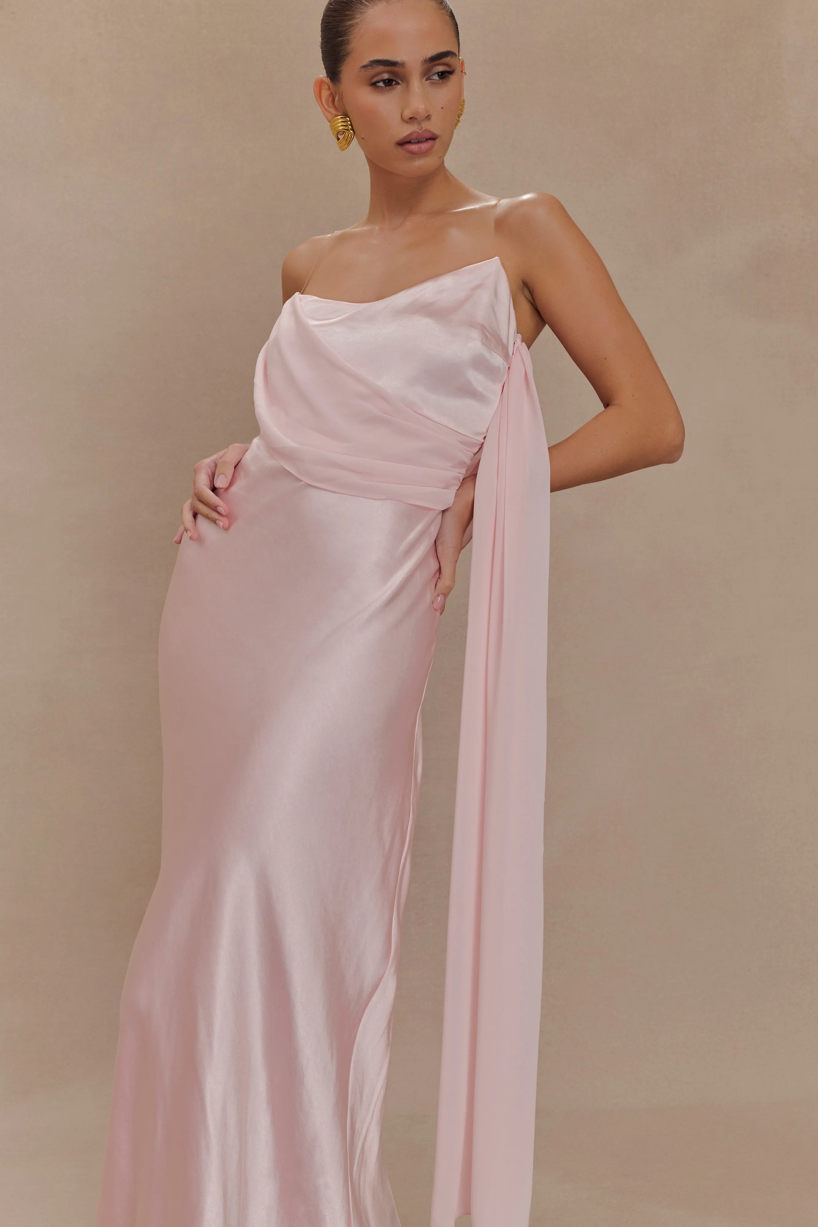 Carah Satin And Chiffon Maxi Dress - Pale Pink sold by Meshki product image thumbnail 4