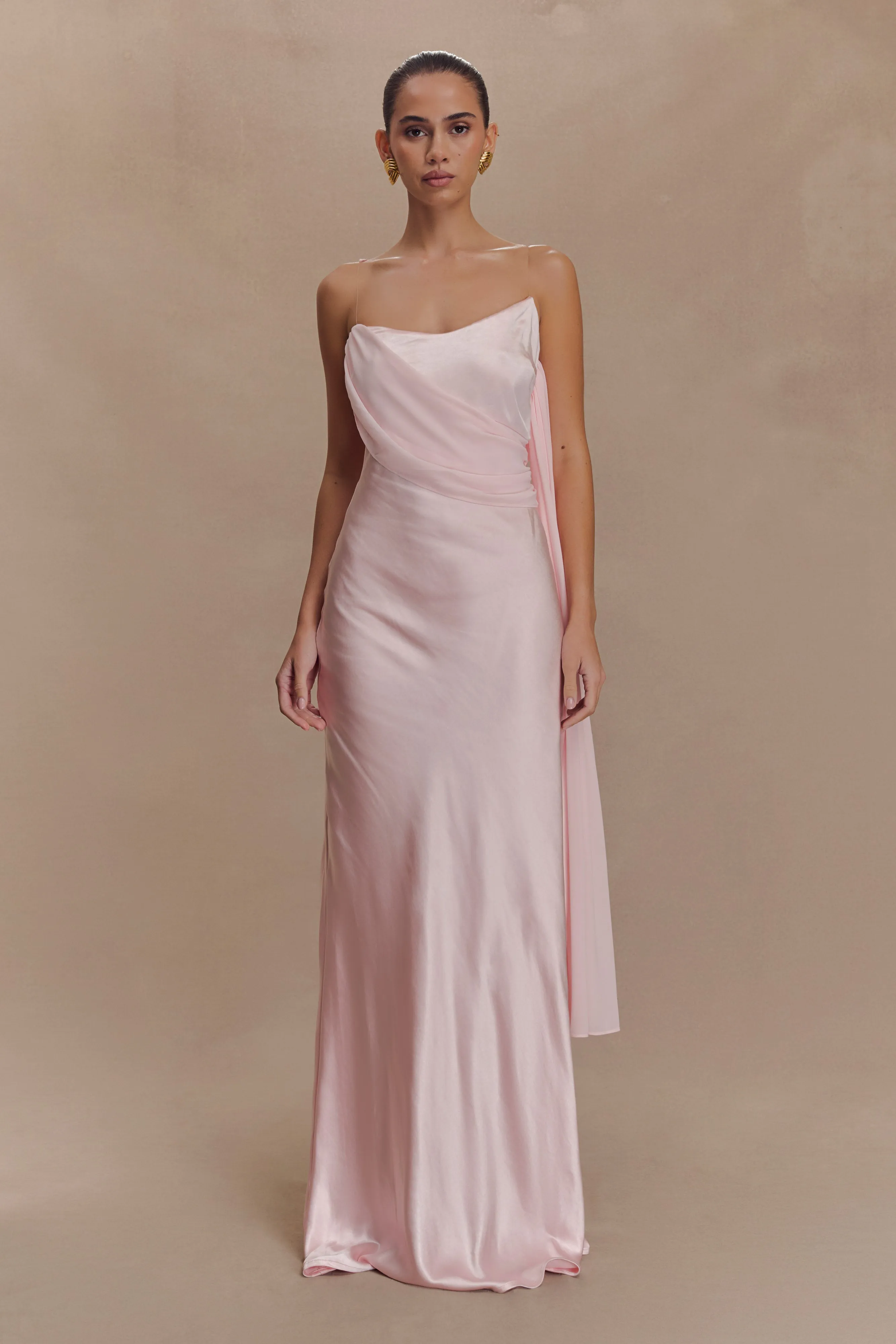 Carah Satin And Chiffon Maxi Dress - Pale Pink sold by Meshki