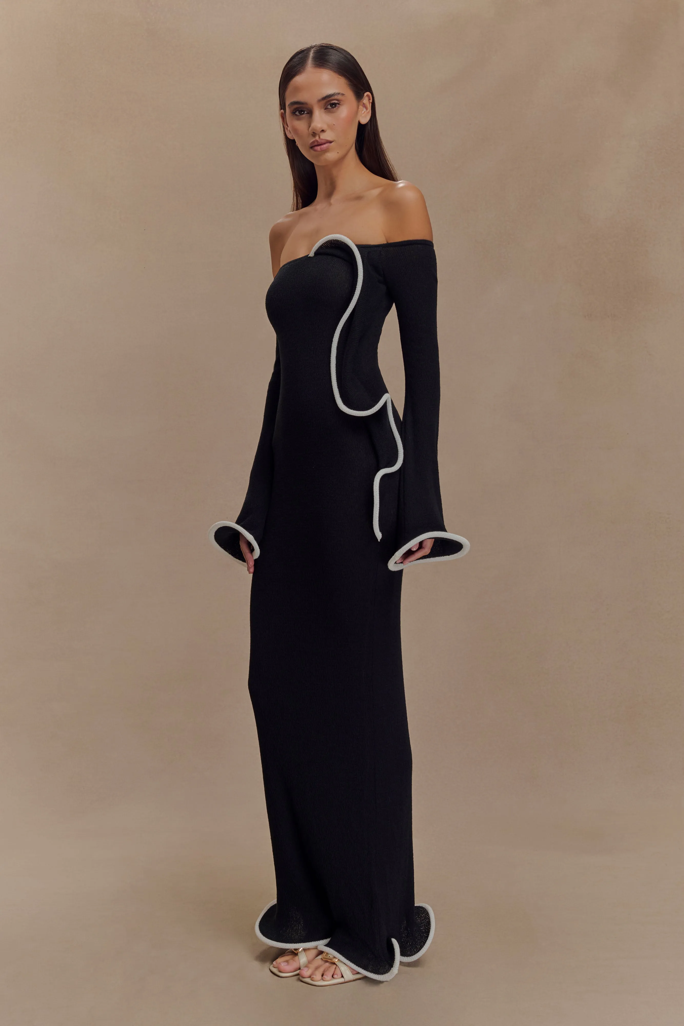 Sandrine Off Shoulder Knit Maxi Dress - Black/White sold by Meshki product image thumbnail 4