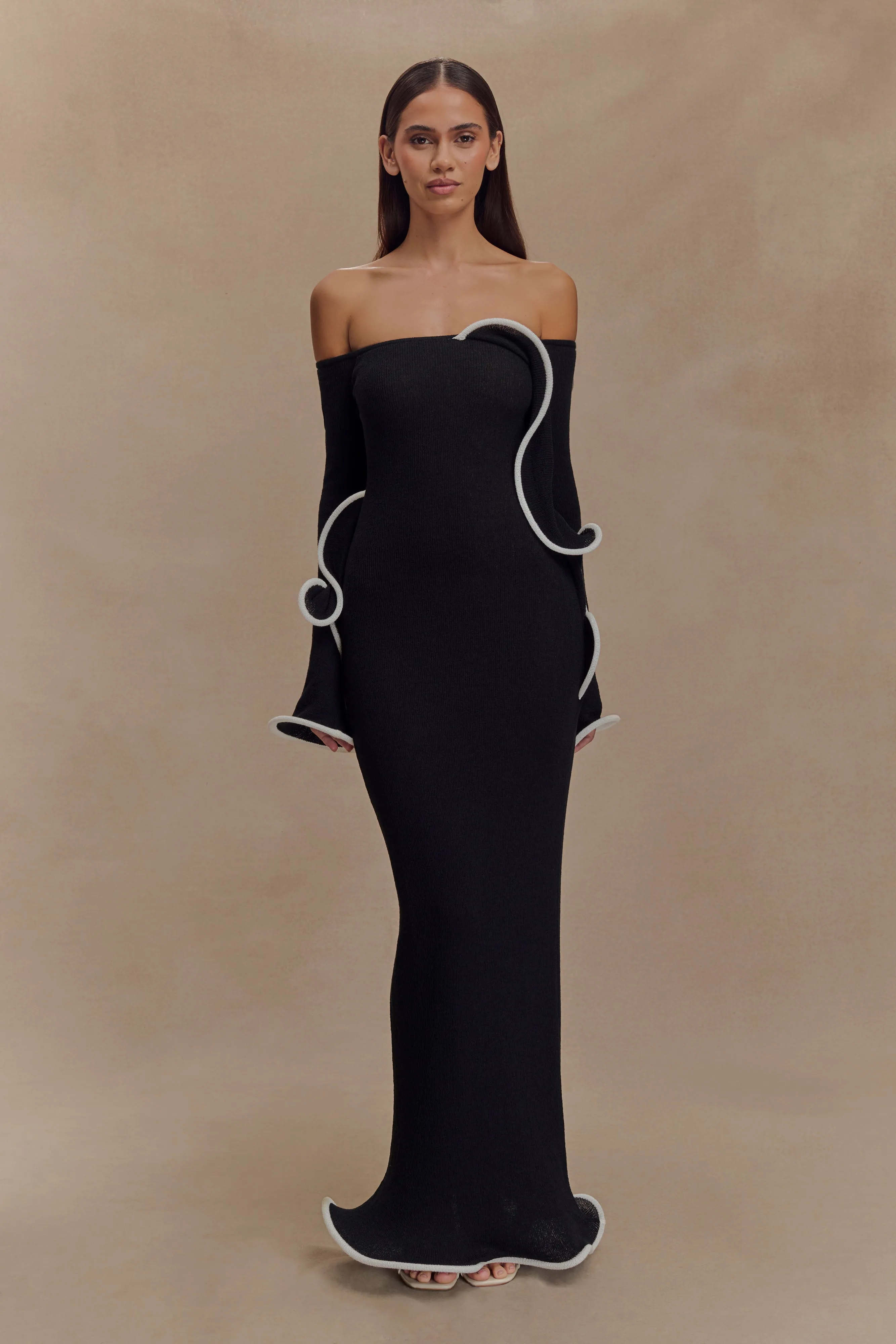 Sandrine Off Shoulder Knit Maxi Dress - Black/White sold by Meshki