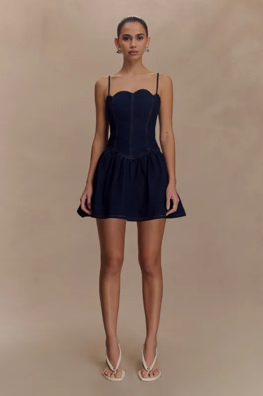 Cheyenne Scallop Denim Mini Dress - Indigo Blue sold by Meshki
