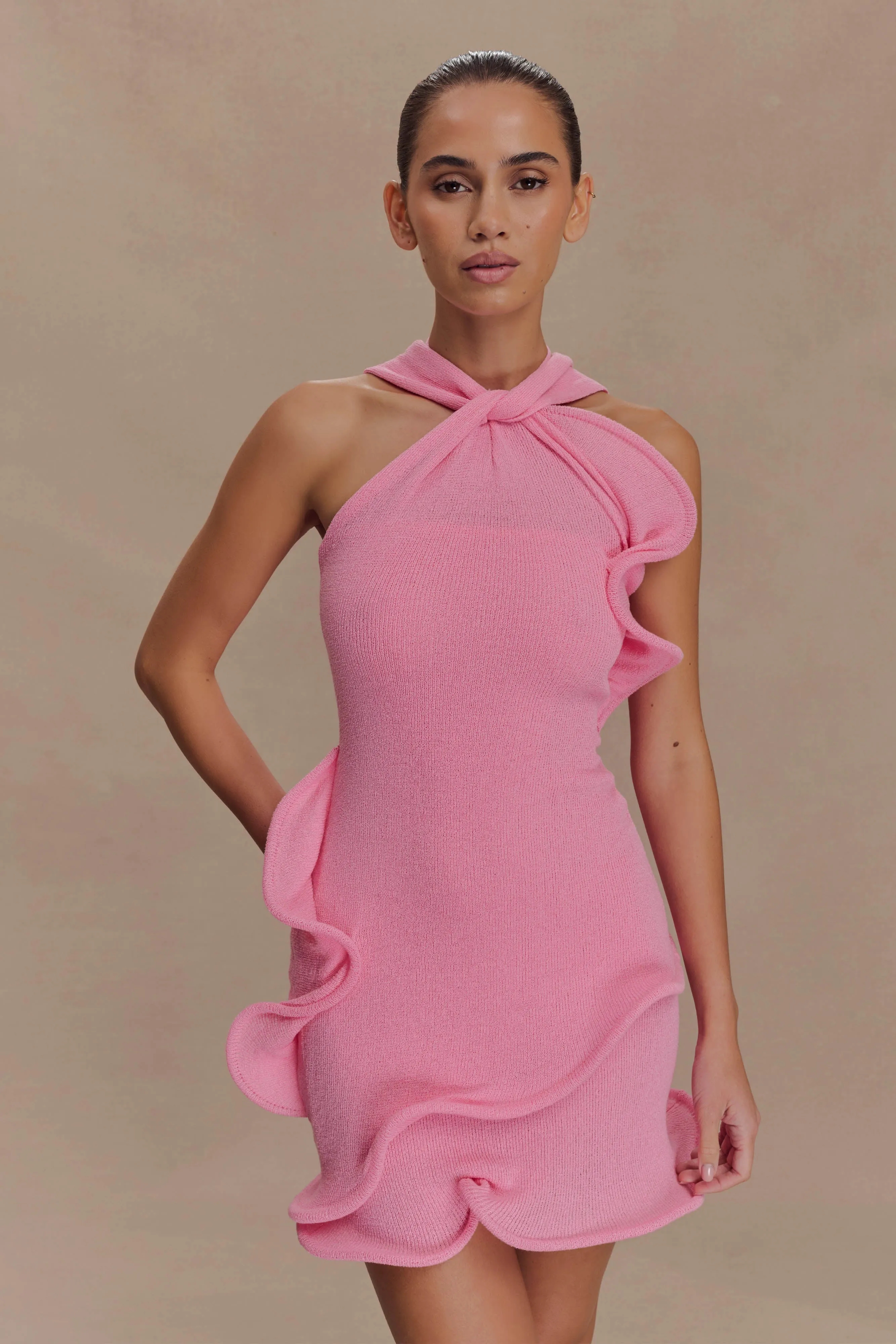 Caprice Halter Knit Mini Dress - Bubblegum Pink sold by Meshki