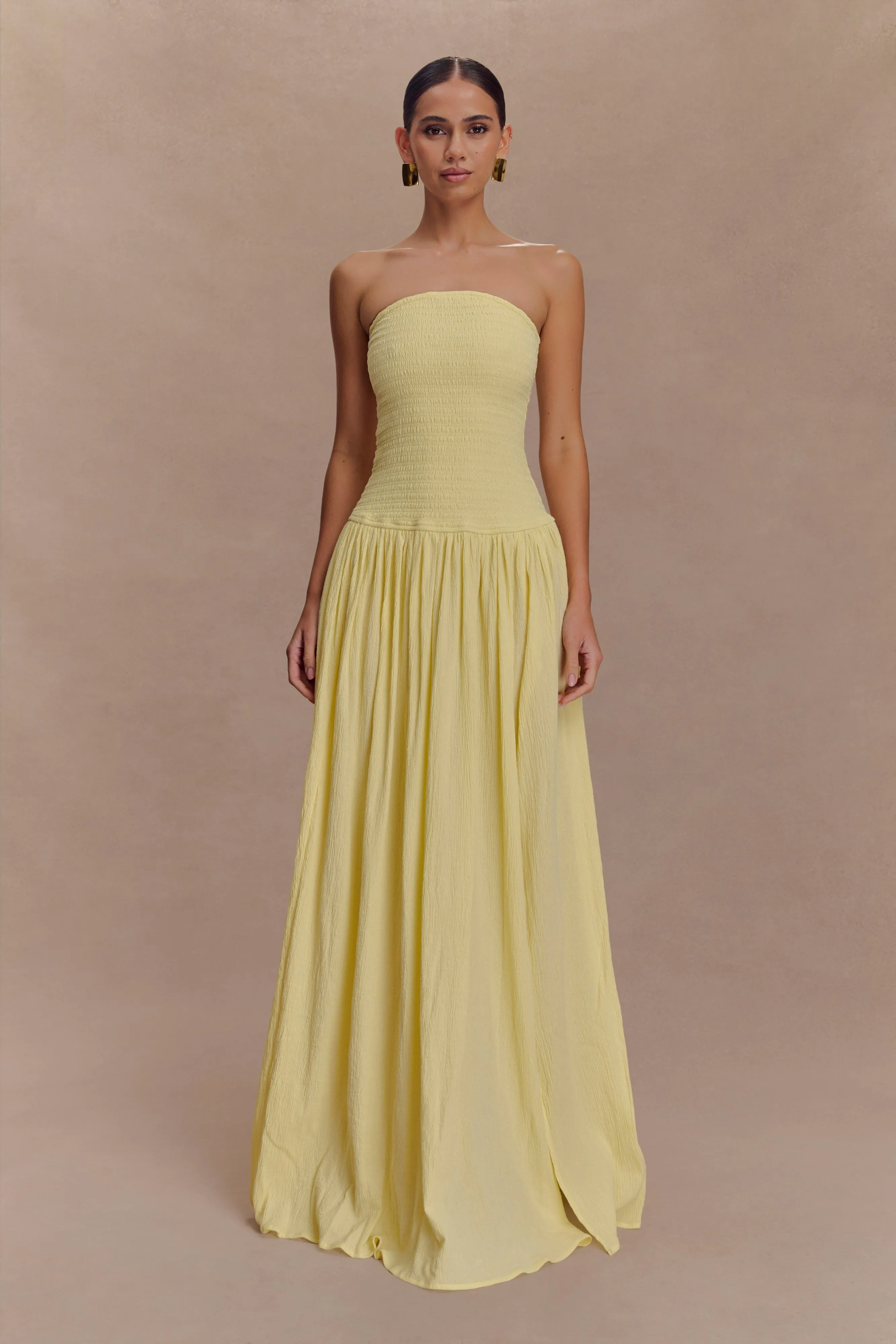 Maureen Cotton Shirring Maxi Dress - Lemon sold by Meshki
