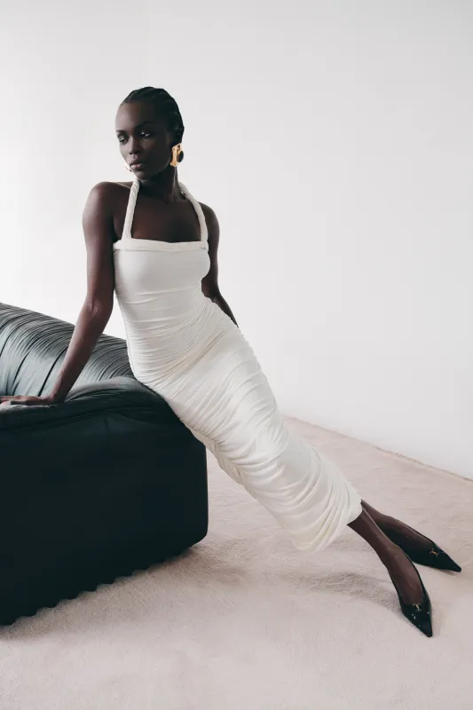 Camila Ruched Halter Midi Dress - Ivory sold by Meshki