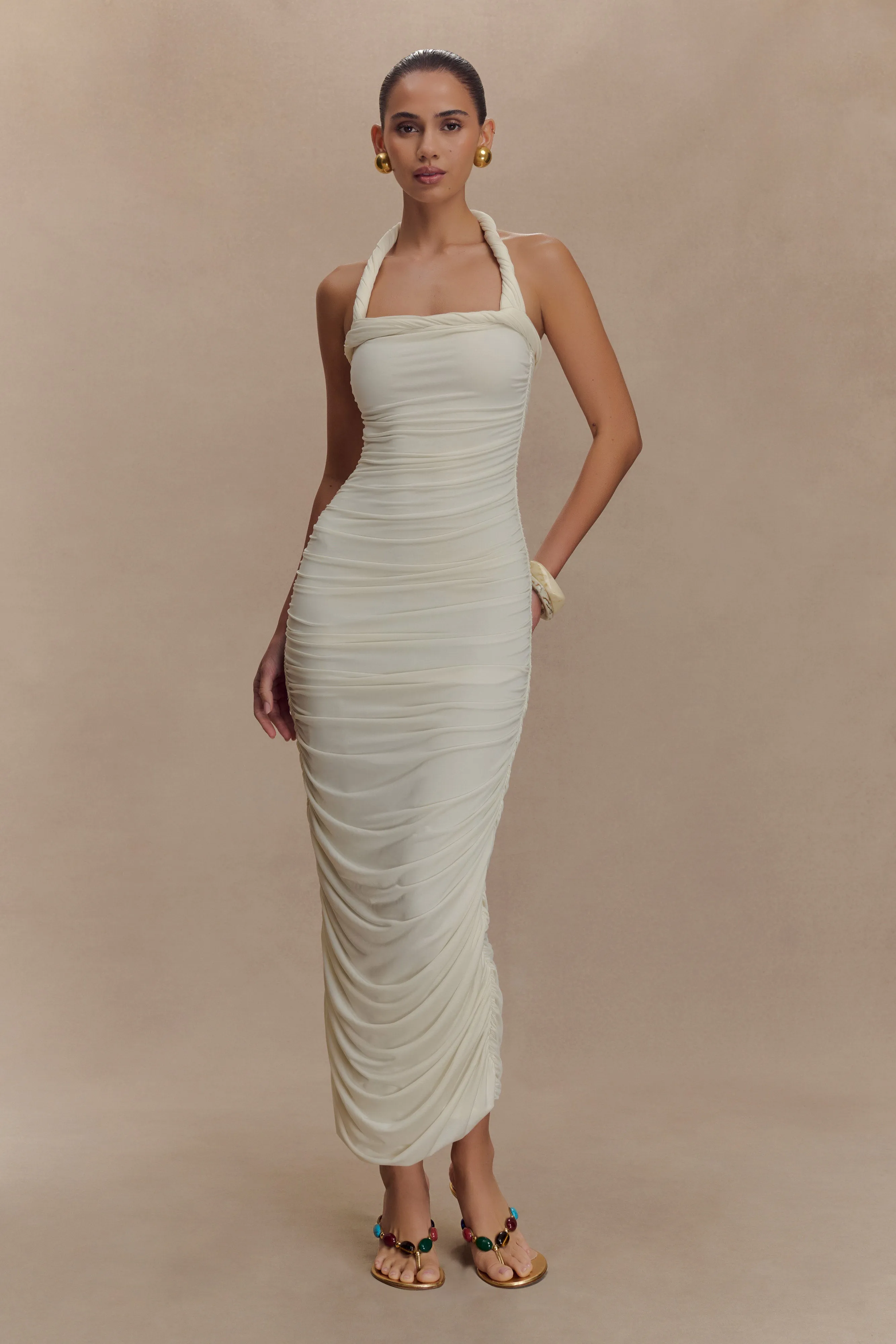 Camila Ruched Halter Midi Dress - Ivory sold by Meshki product image thumbnail 2