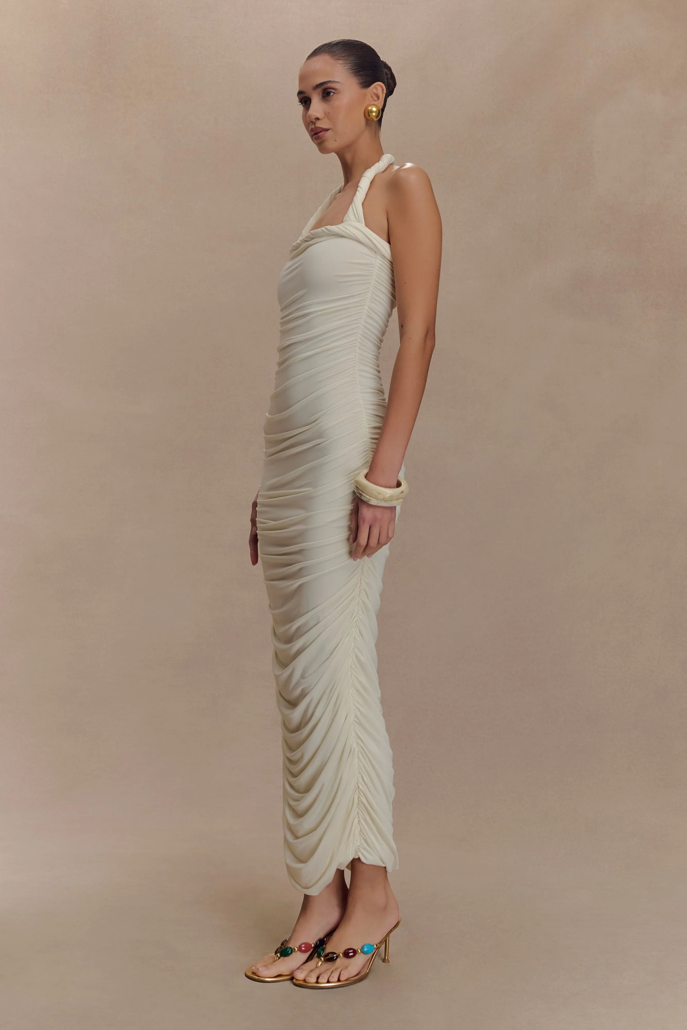 Camila Ruched Halter Midi Dress - Ivory sold by Meshki product image thumbnail 5