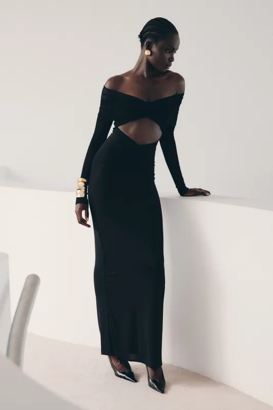 Rafaella Slinky And Mesh Maxi Dress - Black sold by Meshki