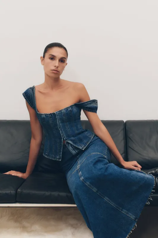 Loretta Cap Sleeve Denim Top - Washed Dark Blue sold by Meshki