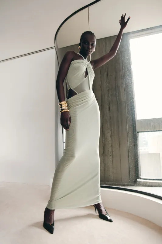 Edwina Knotted Mesh Maxi Dress - Sage sold by Meshki