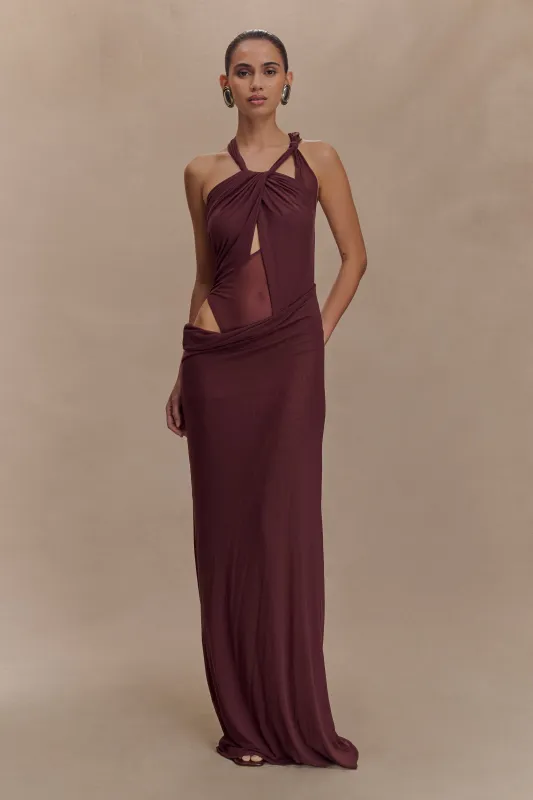 Edwina Knotted Mesh Maxi Dress - Mahogany sold by Meshki