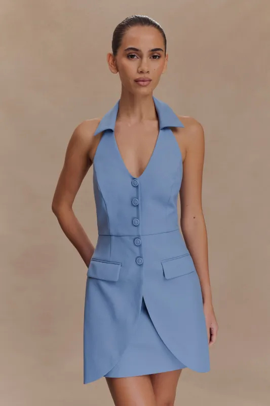 Ruth Cotton Halter Mini Dress - Ocean Blue sold by Meshki