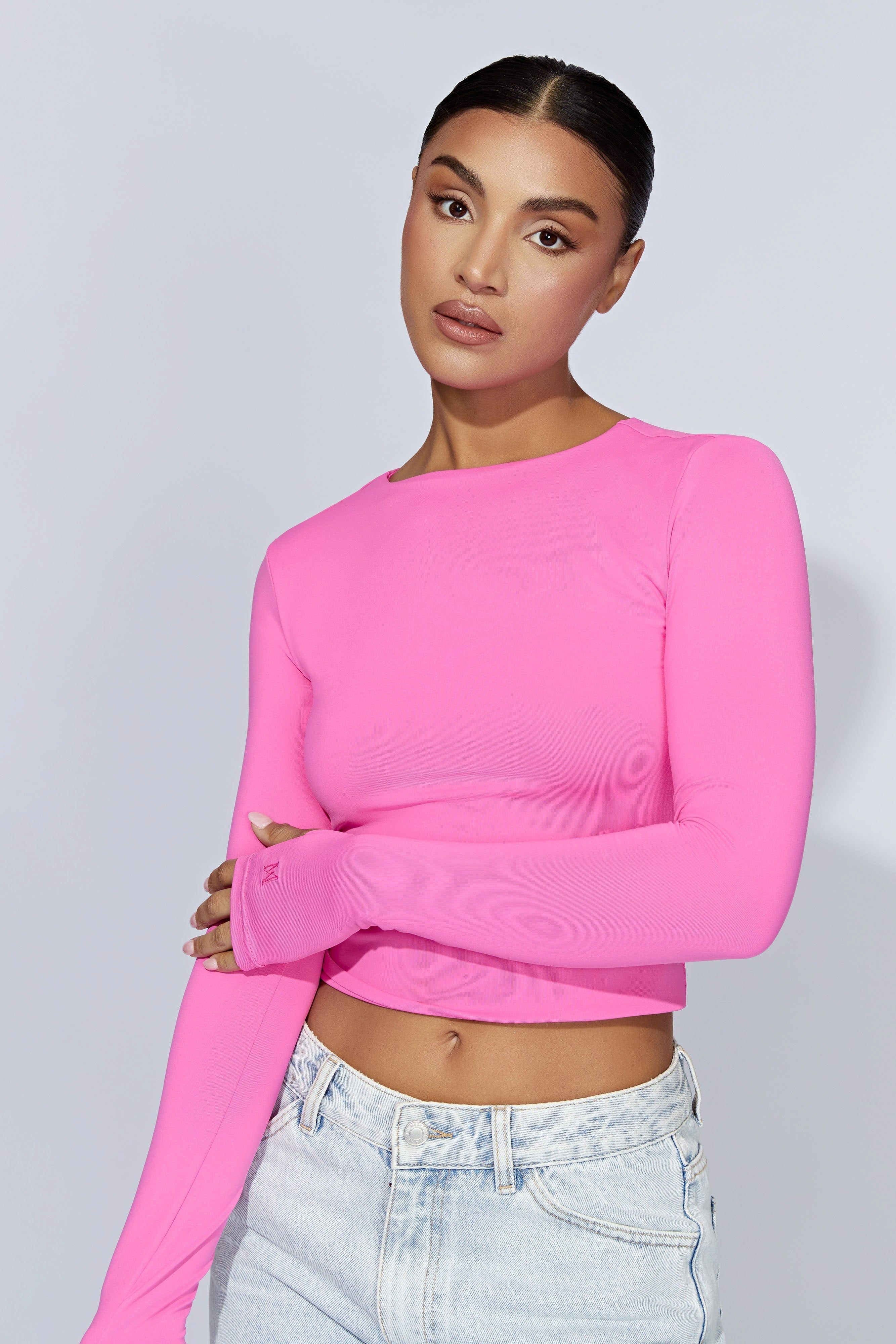 Estelle Long Sleeve Crop Top - Bubblegum Pink sold by Meshki