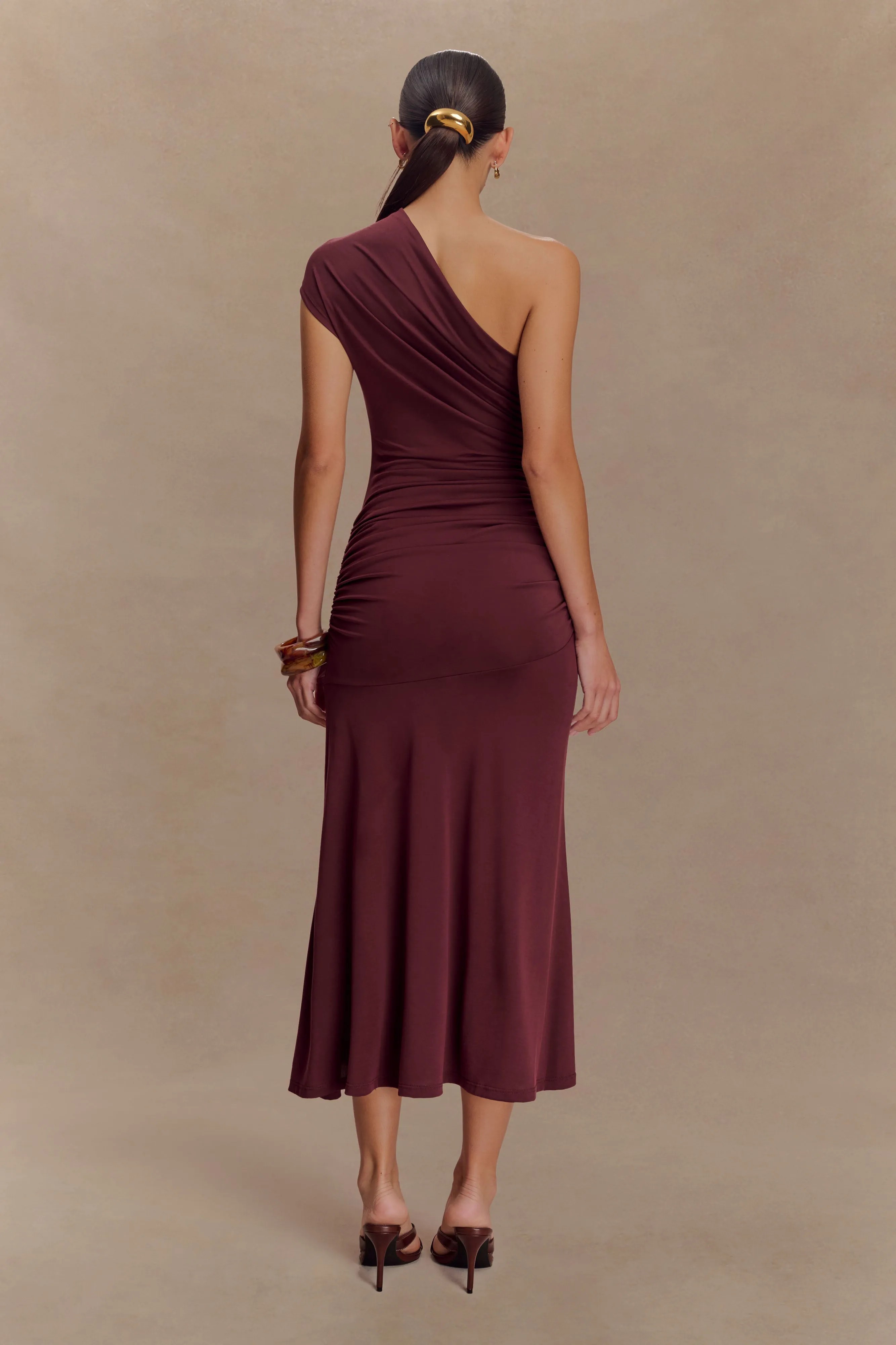 Chloe Peached Jersey One Shoulder Midi Dress - Mahogany sold by Meshki product image thumbnail 2