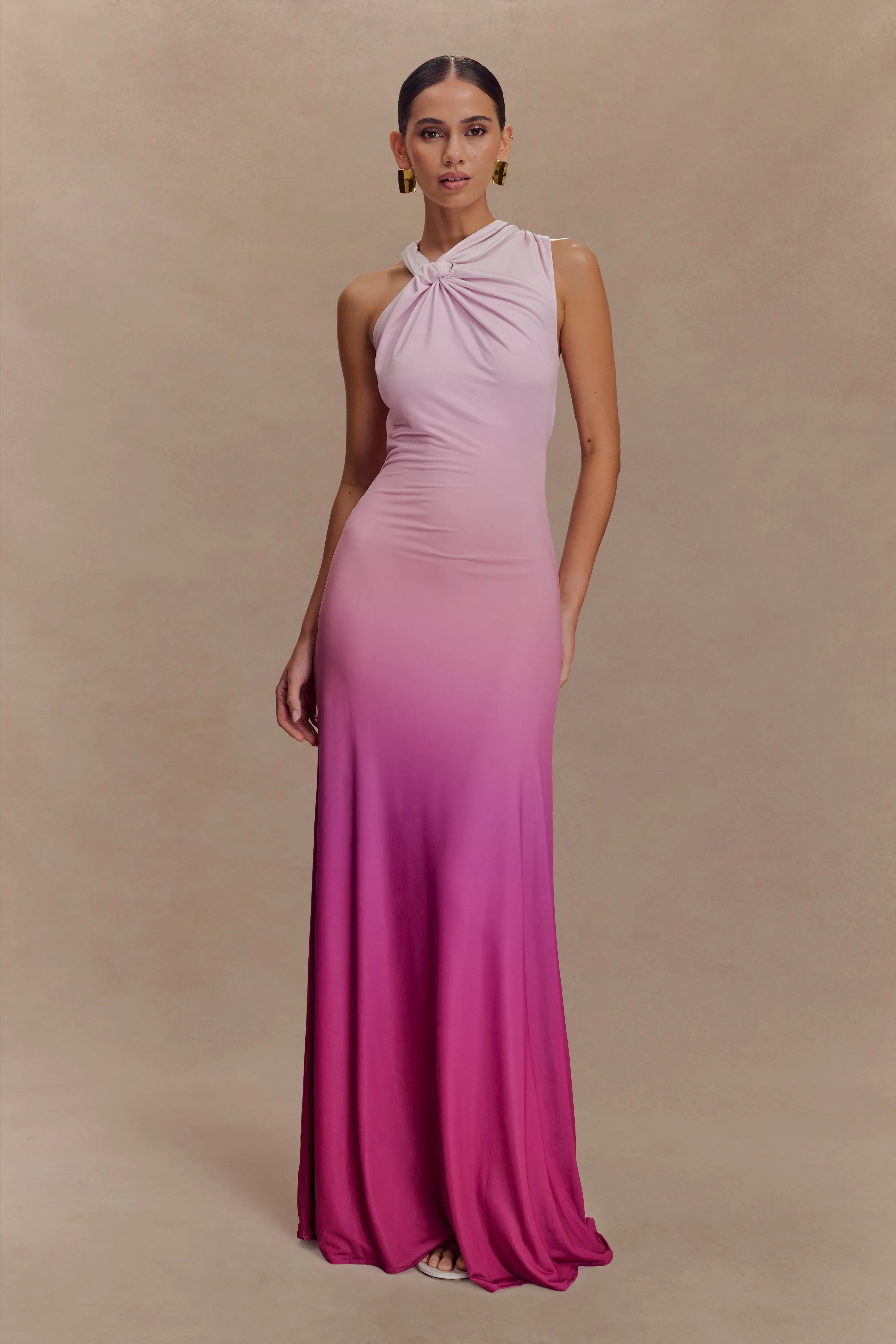 Marlee Asymmetrical Slinky Maxi Dress - Ombre Pink sold by Meshki