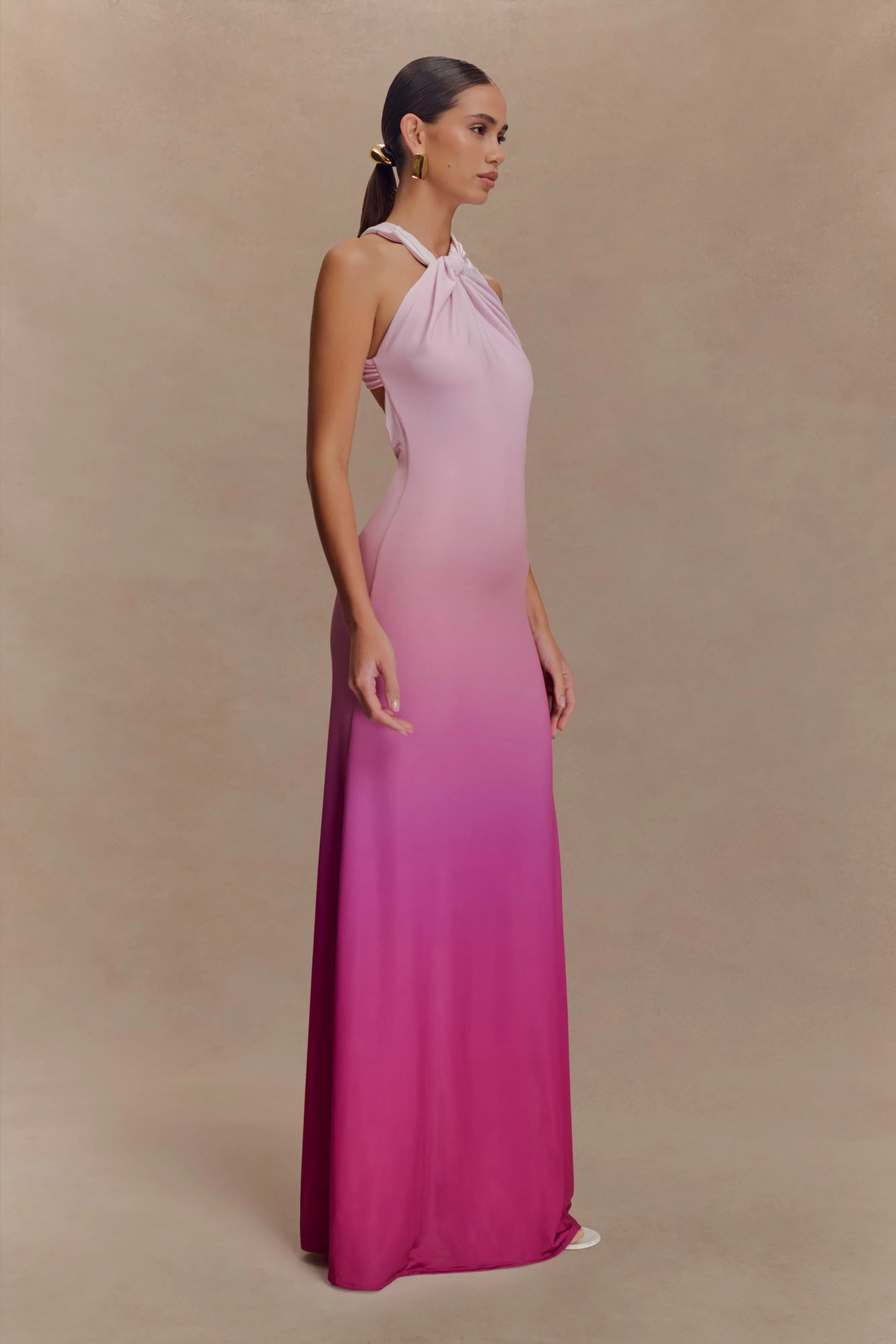 Marlee Asymmetrical Slinky Maxi Dress - Ombre Pink sold by Meshki product image thumbnail 3