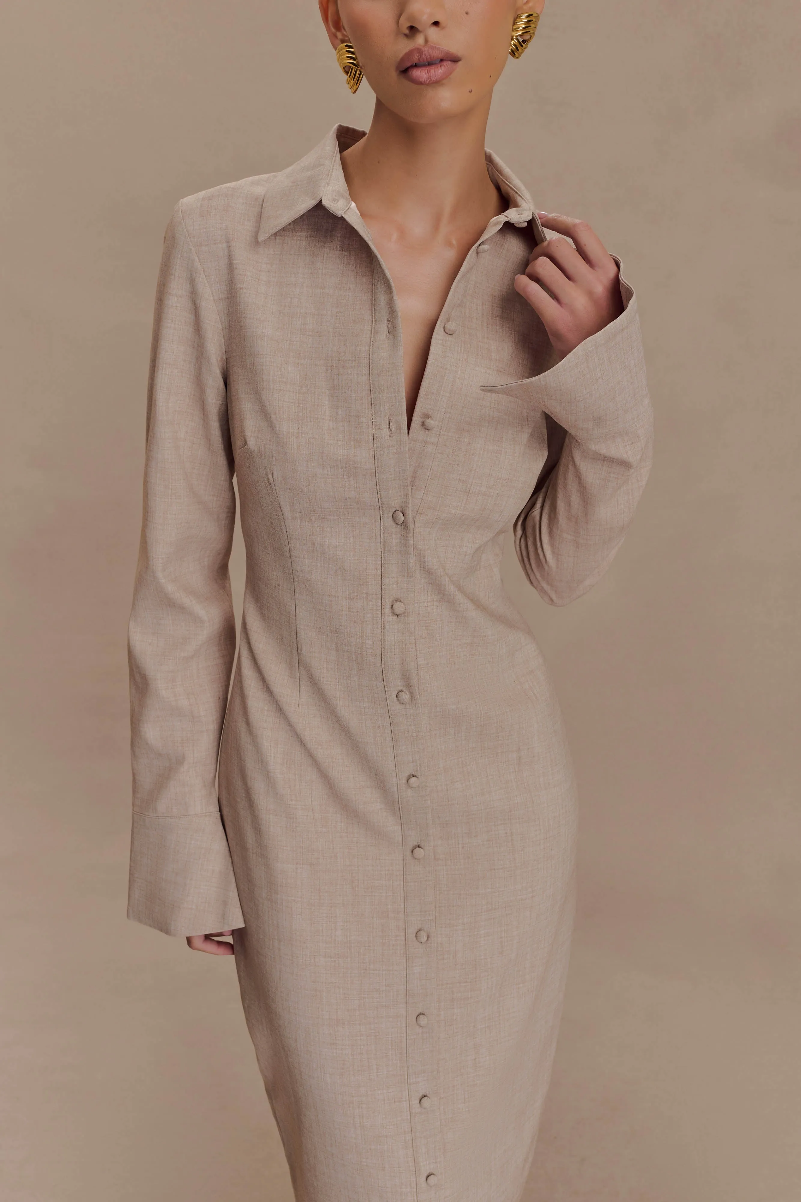 Dorian Fitted Shirt Midi Dress - Wheat Marle sold by Meshki product image thumbnail 3