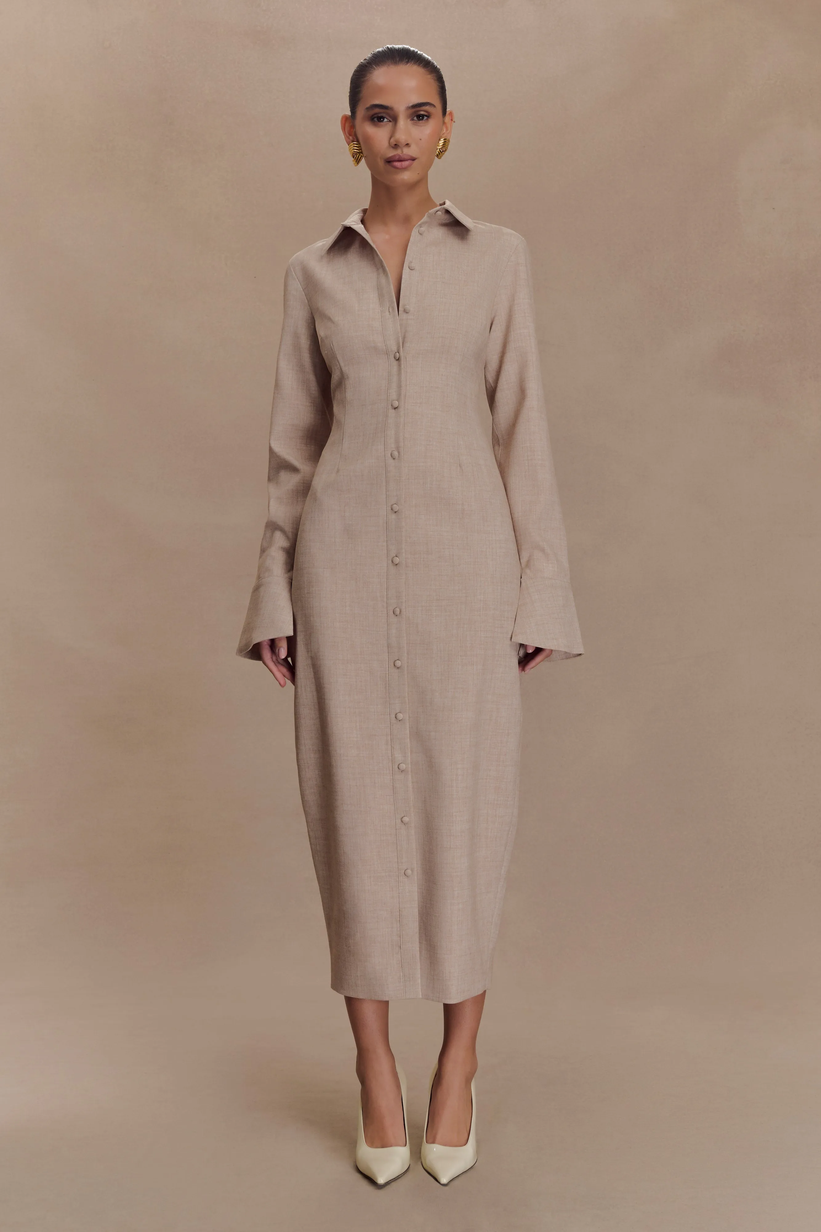 Dorian Fitted Shirt Midi Dress - Wheat Marle sold by Meshki