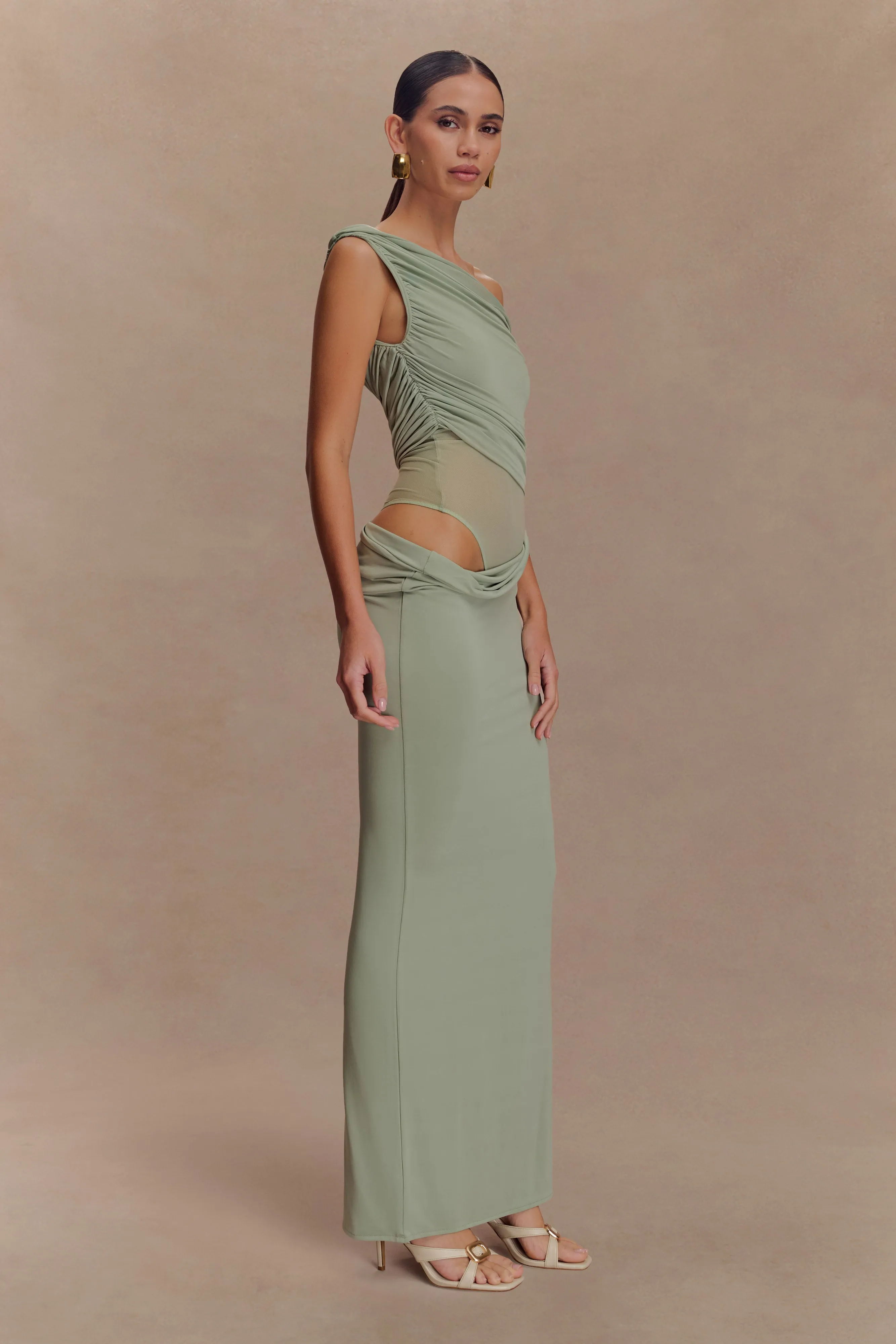 Callen One Shoulder Slinky Maxi Dress - Sage sold by Meshki product image thumbnail 4