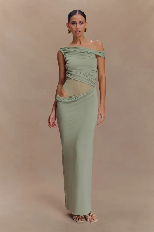 Callen One Shoulder Slinky Maxi Dress - Sage sold by Meshki