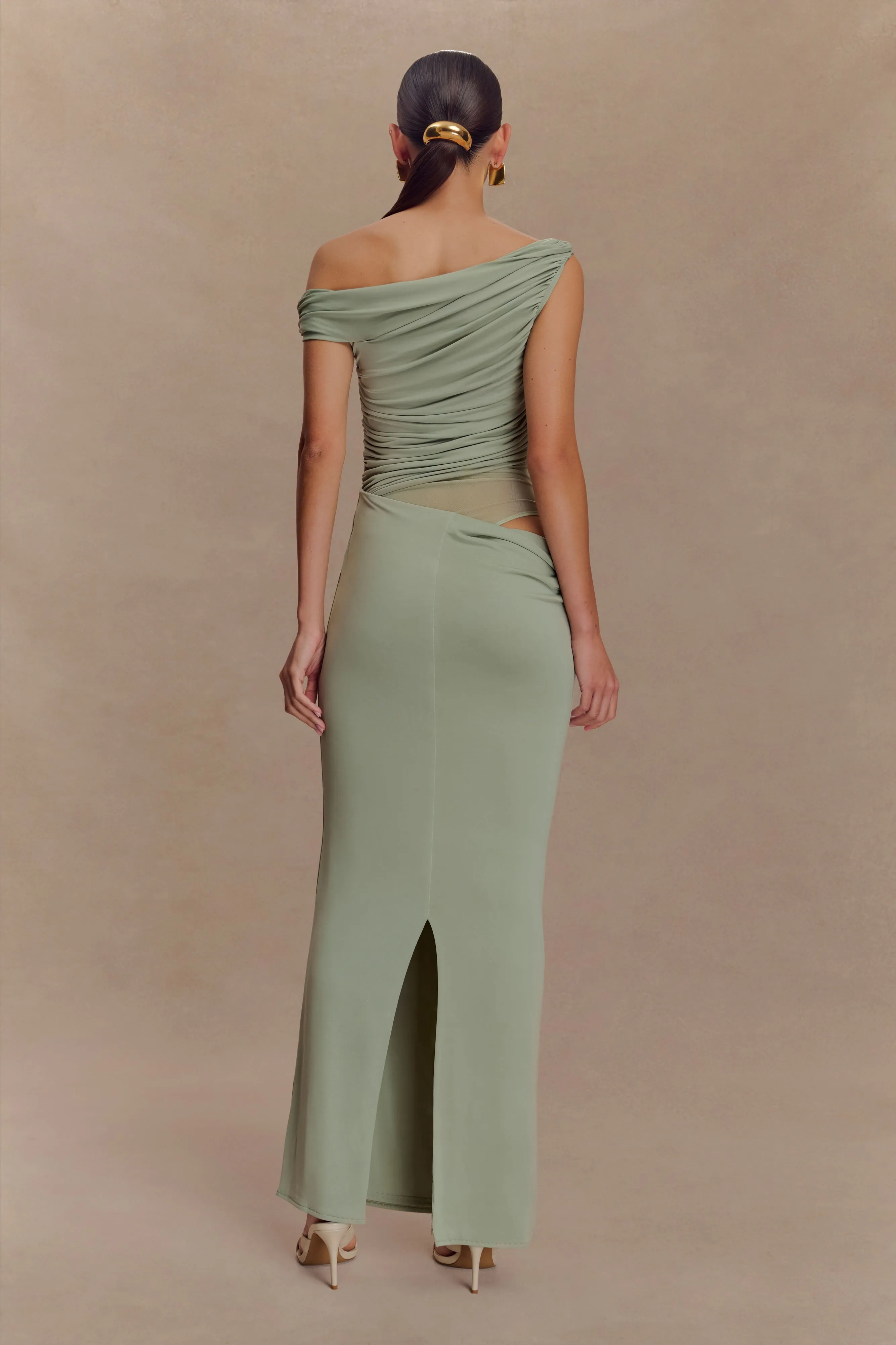 Callen One Shoulder Slinky Maxi Dress - Sage sold by Meshki product image thumbnail 2