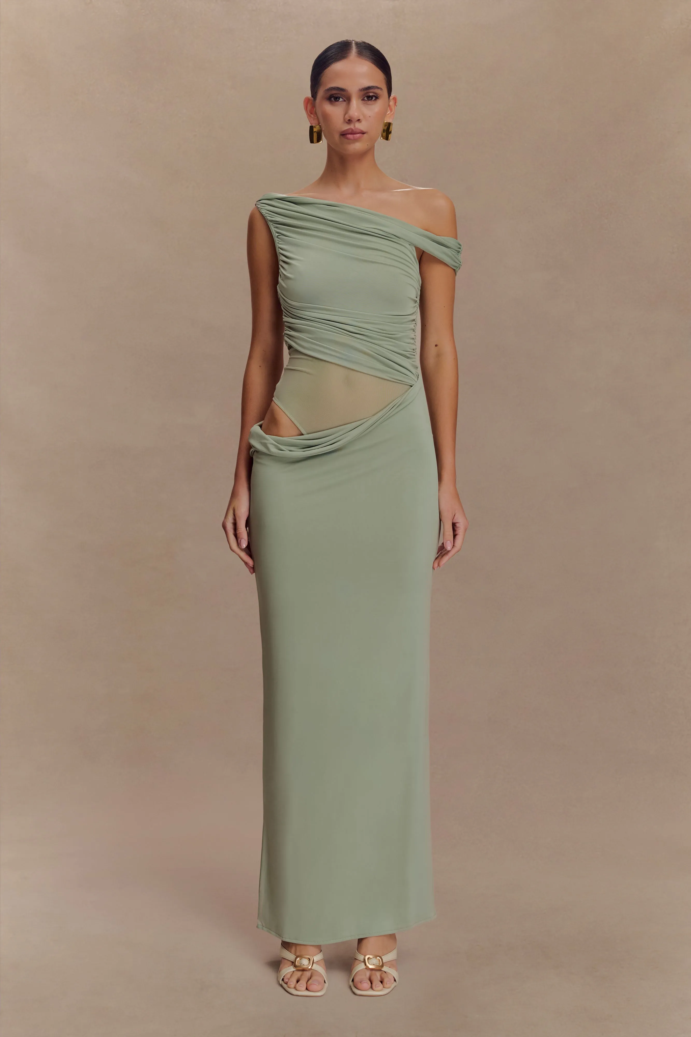 Callen One Shoulder Slinky Maxi Dress - Sage sold by Meshki product image thumbnail 5