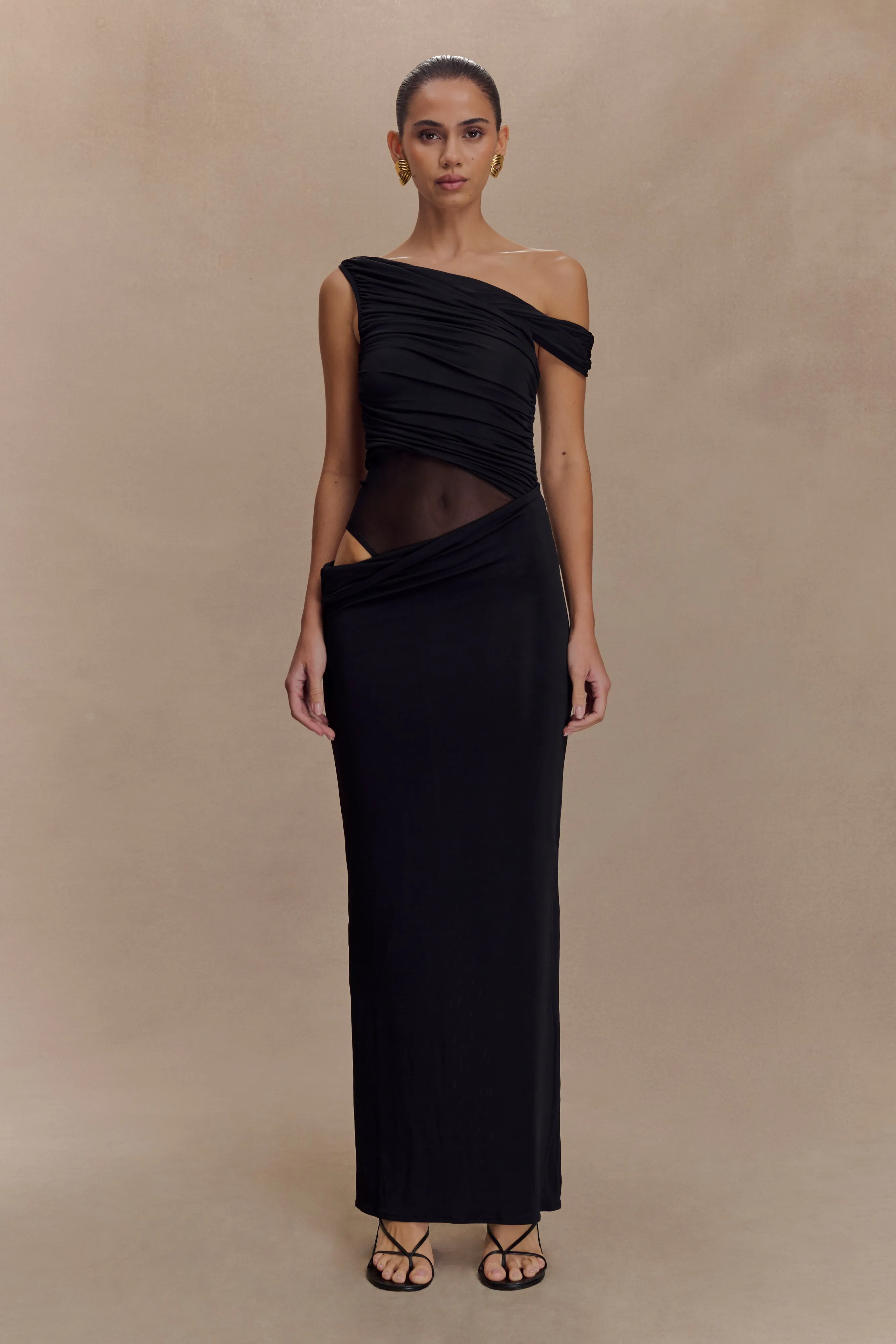 Callen One Shoulder Slinky Maxi Dress - Black sold by Meshki