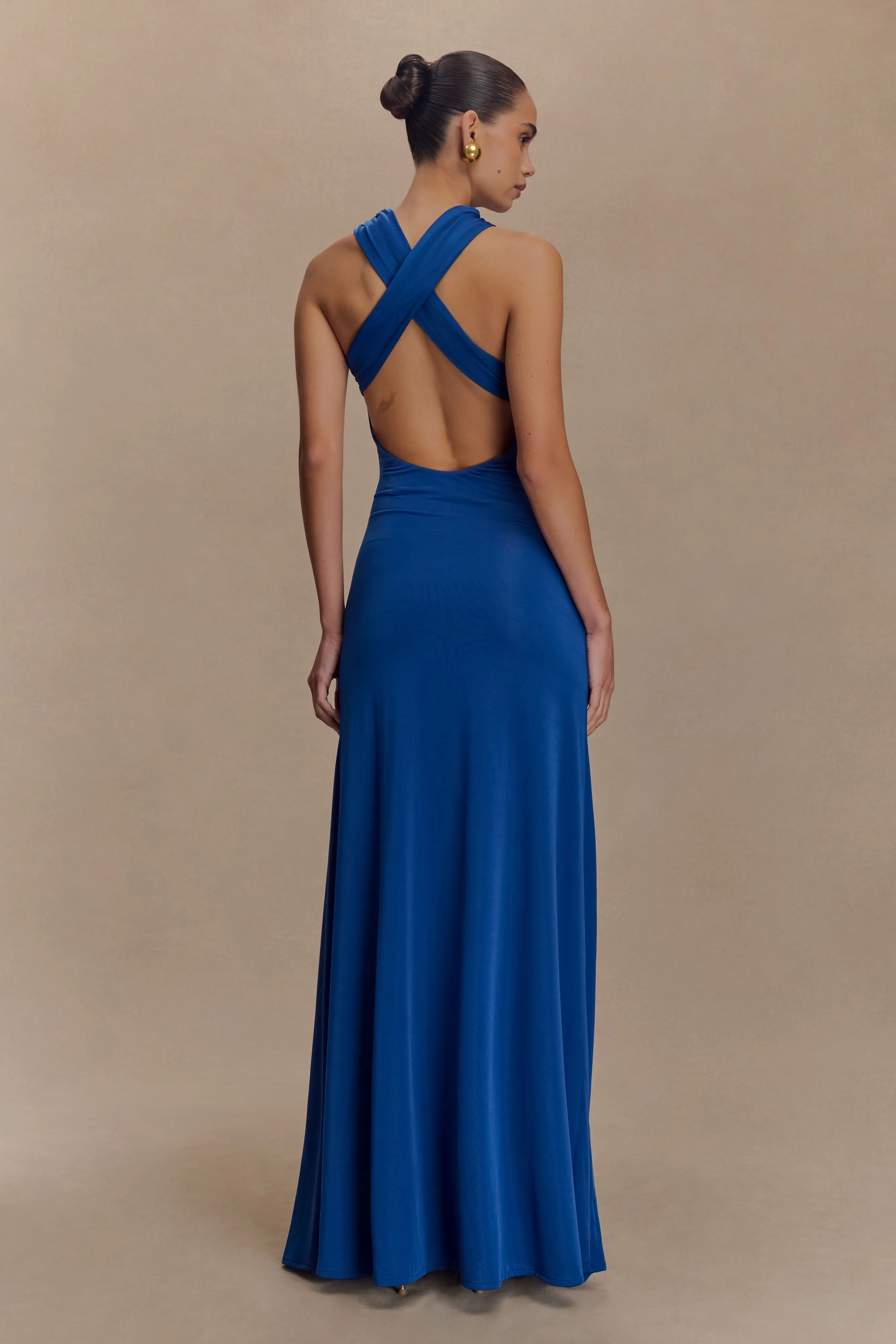 Marlee Asymmetrical Slinky Maxi Dress - Cobalt sold by Meshki