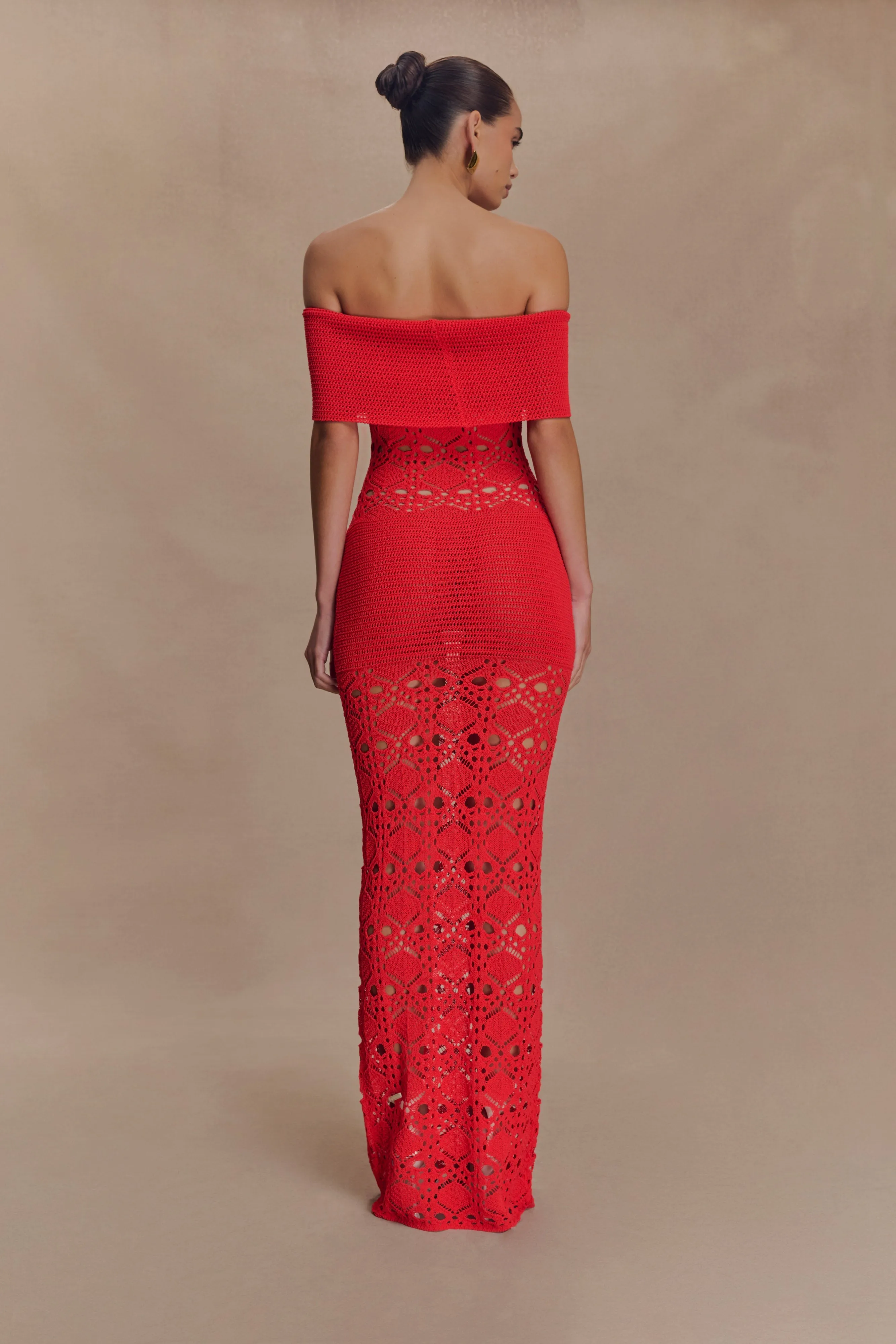 Solstice Off Shoulder Crochet Knit Maxi Dress - Blood Orange sold by Meshki product image thumbnail 2