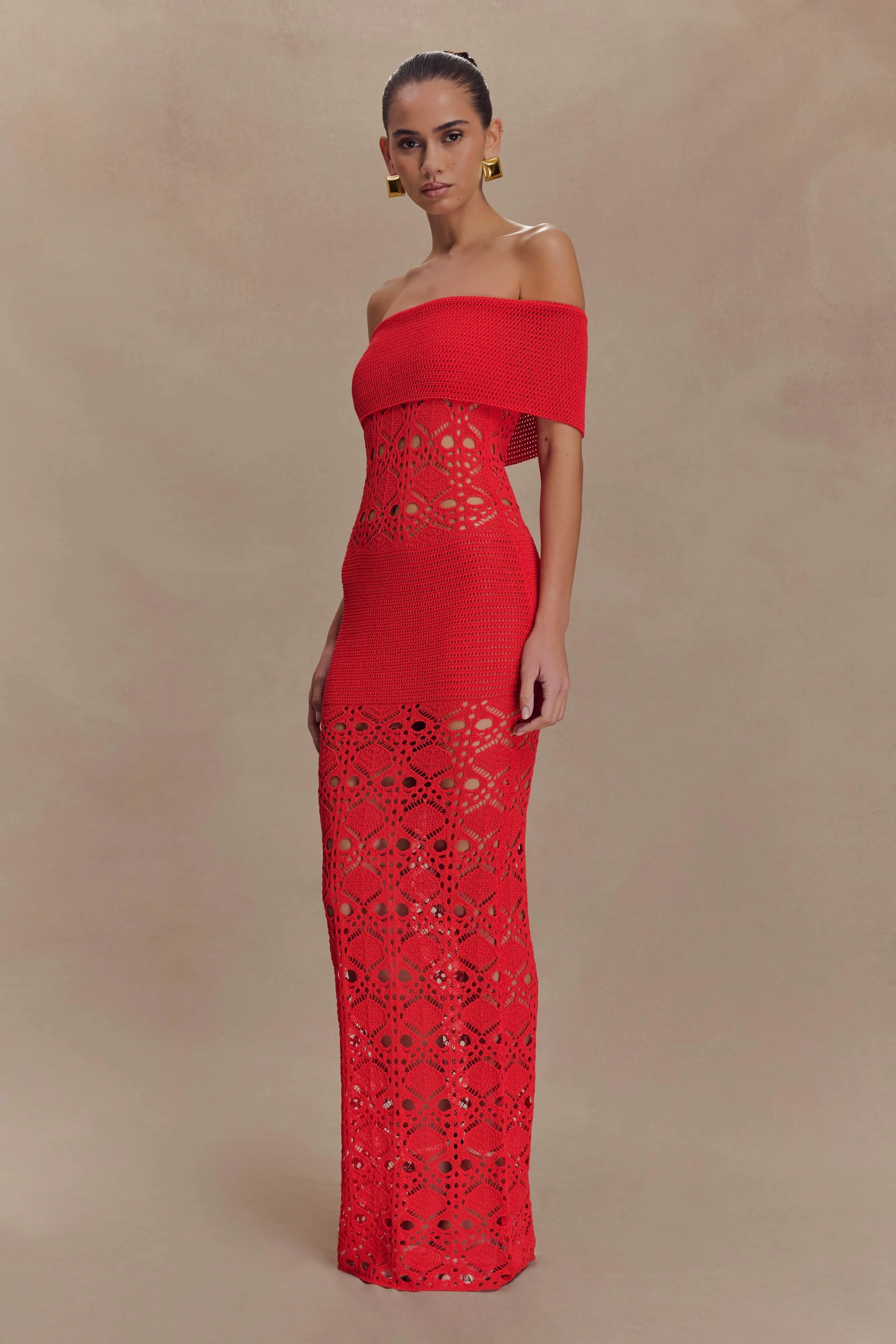 Solstice Off Shoulder Crochet Knit Maxi Dress - Blood Orange sold by Meshki product image thumbnail 4