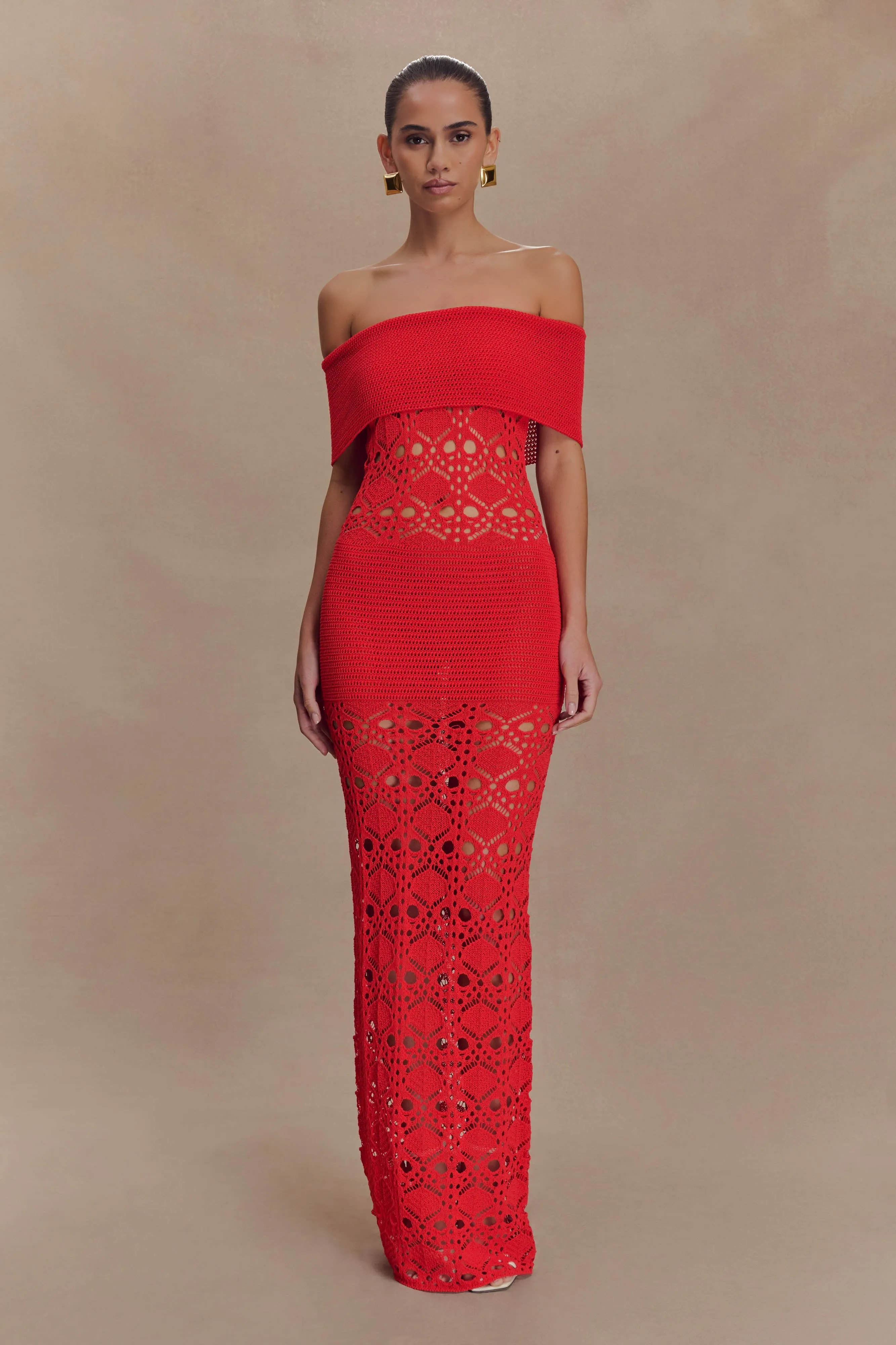 Solstice Off Shoulder Crochet Knit Maxi Dress - Blood Orange sold by Meshki