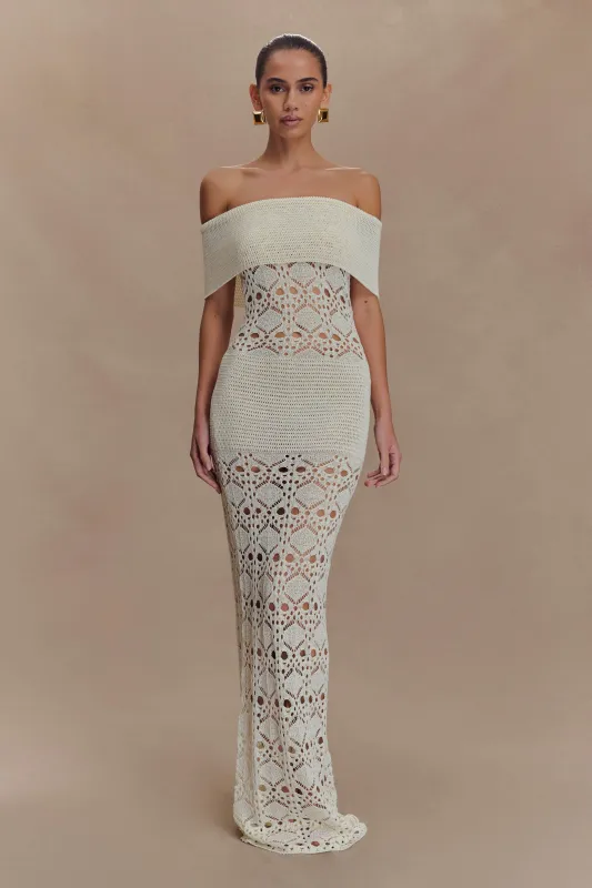 Solstice Off Shoulder Crochet Knit Maxi Dress - Ivory sold by Meshki