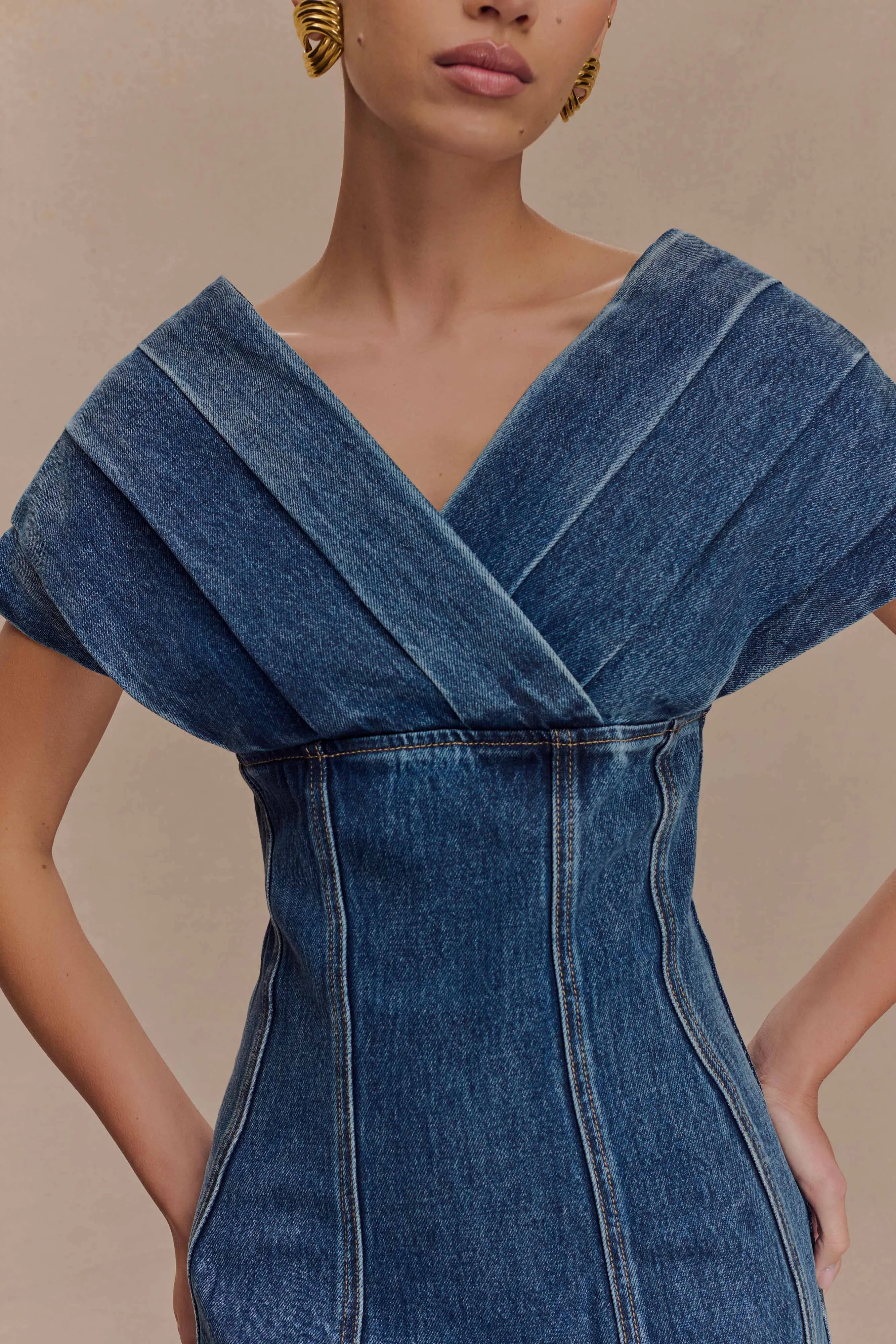 Pascale Off Shoulder Denim Mini Dress - Washed Dark Blue sold by Meshki product image thumbnail 3