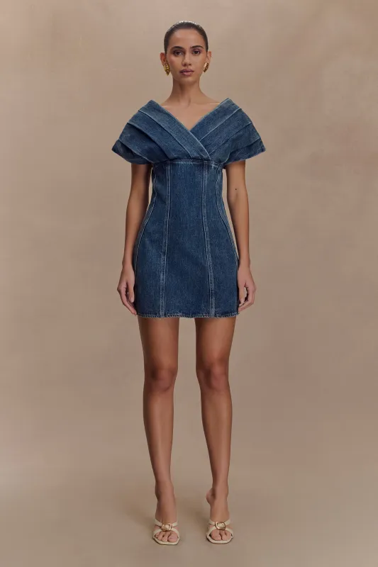 Pascale Off Shoulder Denim Mini Dress - Washed Dark Blue sold by Meshki