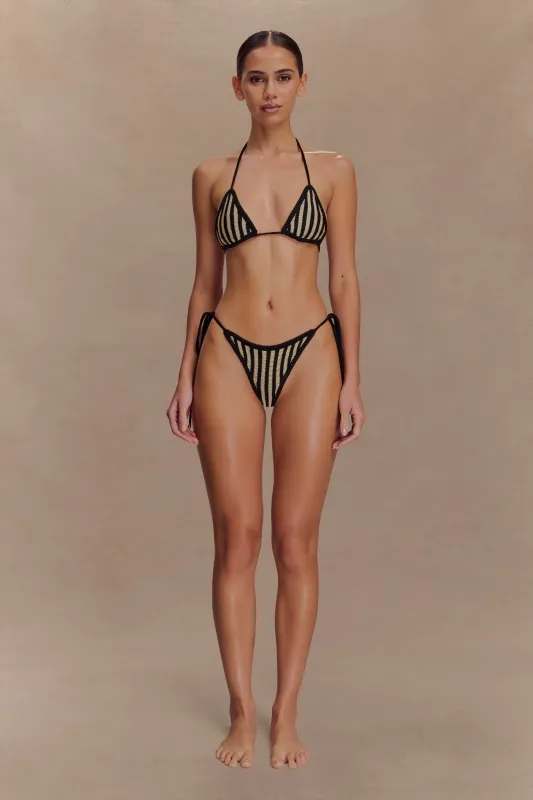Corrie Crochet Tie Up Bikini Bottom - Black And Neutral Stripe sold by Meshki