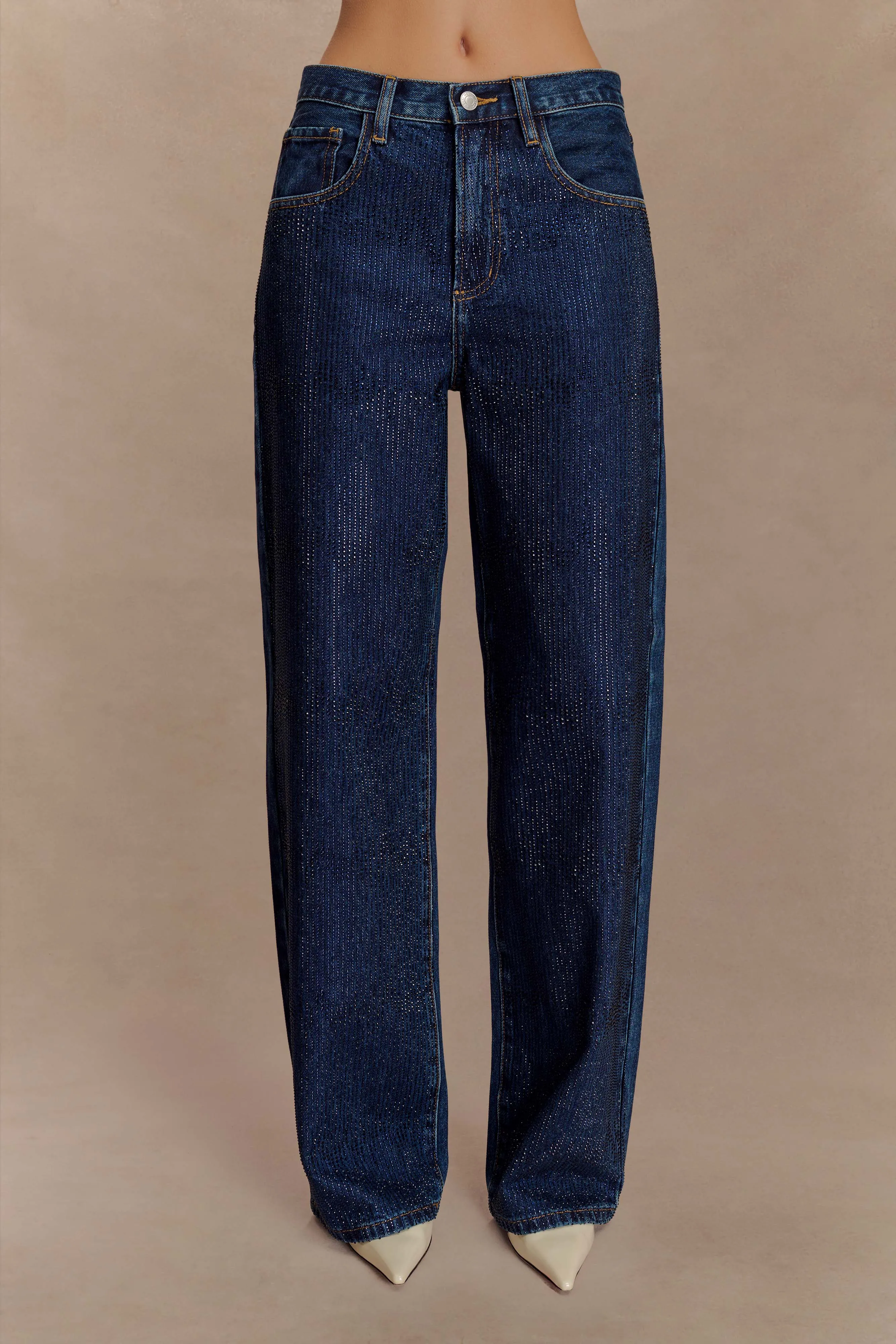 Laina Mid Rise Diamante Denim Jeans - Midnight Blue sold by Meshki