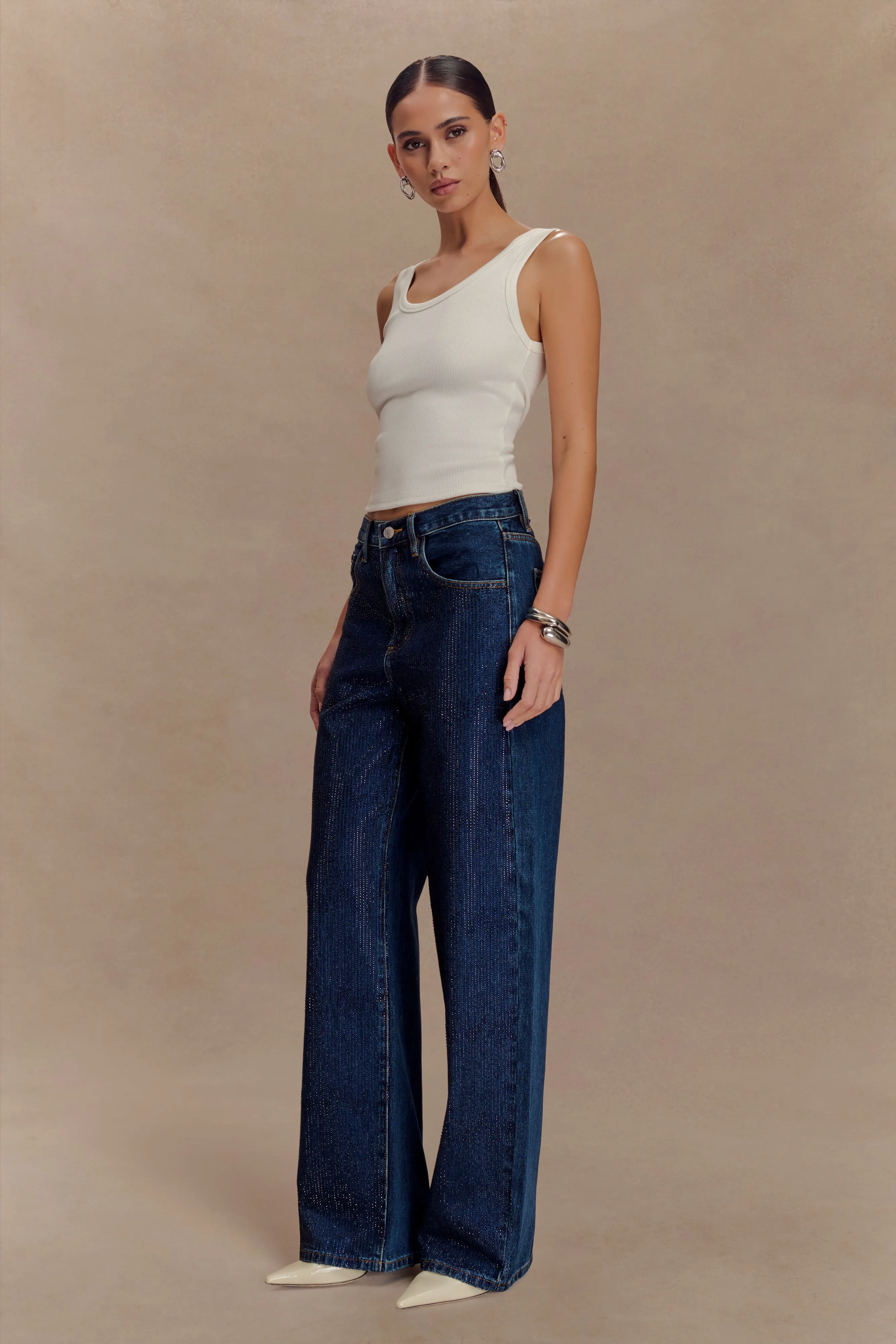 Laina Mid Rise Diamante Denim Jeans - Midnight Blue sold by Meshki product image thumbnail 4