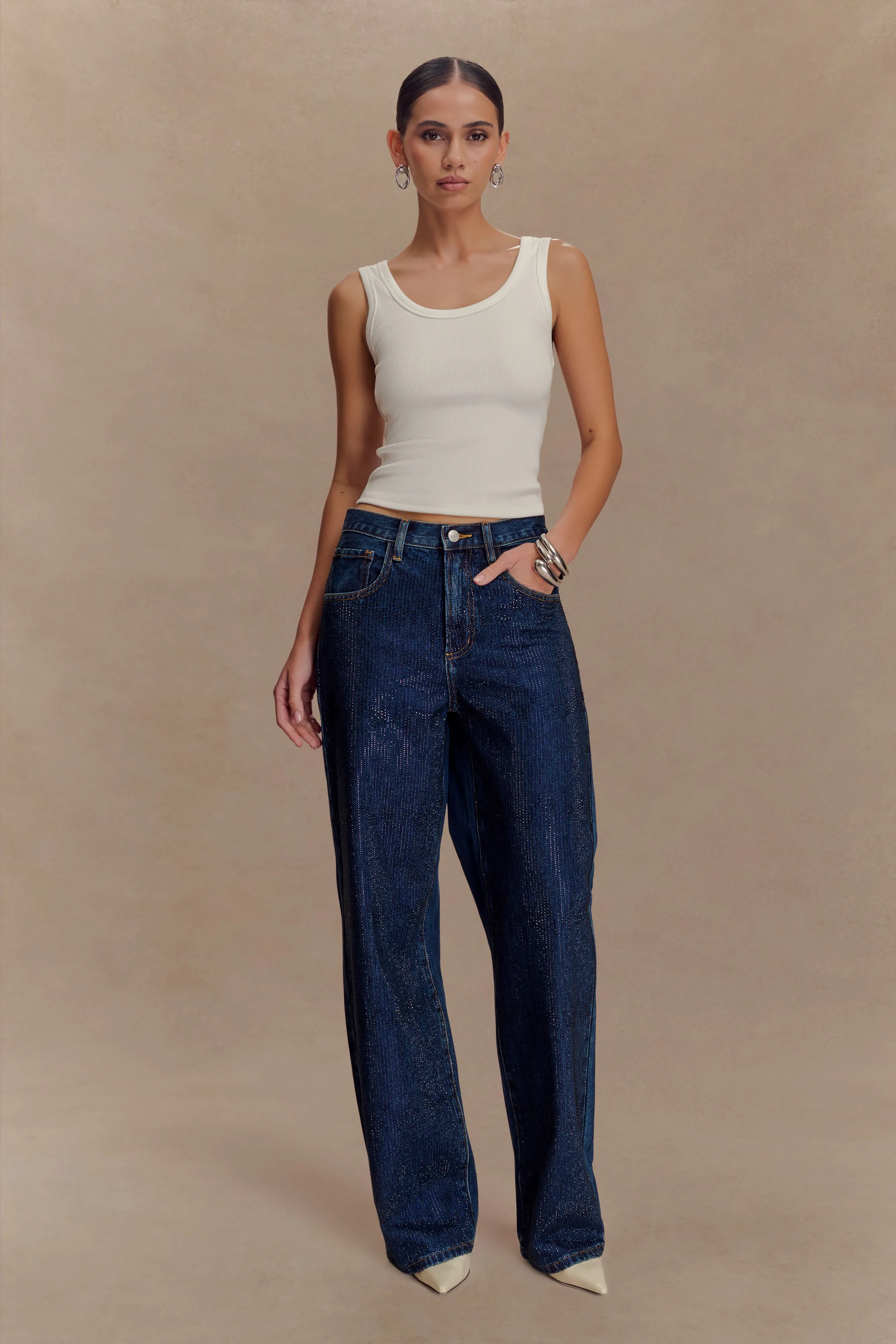 Laina Mid Rise Diamante Denim Jeans - Midnight Blue sold by Meshki product image thumbnail 3