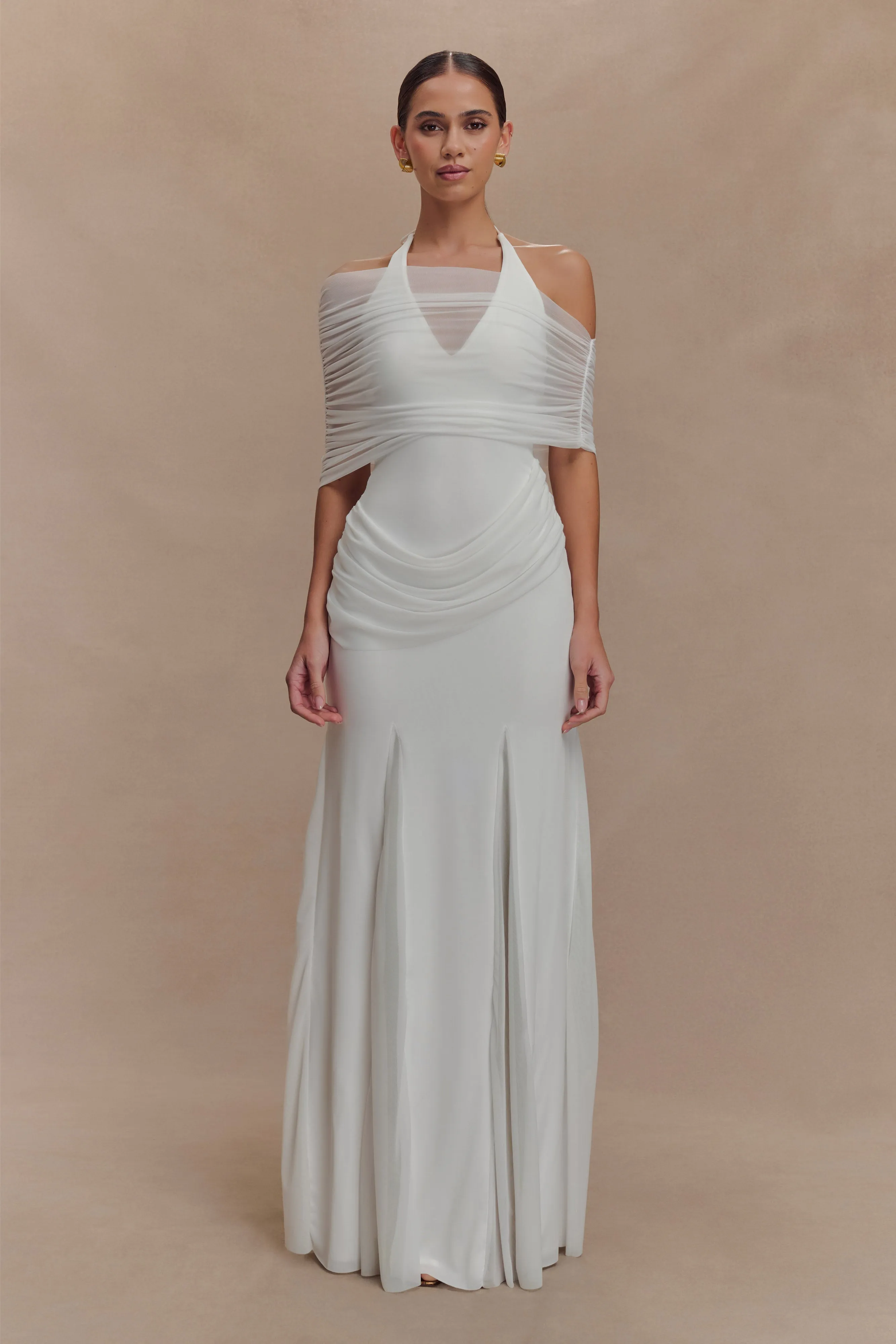 Gabrielle Slinky And Mesh Maxi Dress - White sold by Meshki