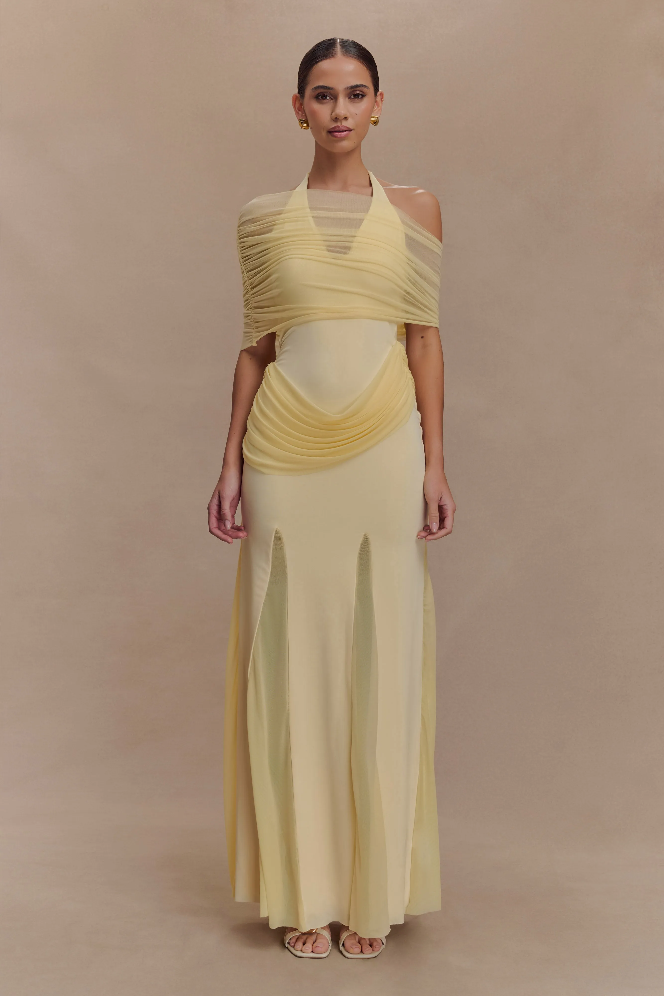Gabrielle Slinky And Mesh Maxi Dress - Lemon sold by Meshki