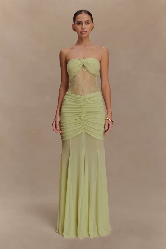 Khadijah Lace And Mesh Maxi Dress - Sage sold by Meshki
