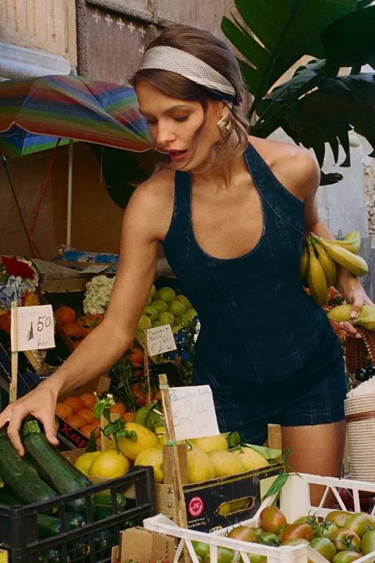 Meadow Denim Corset Halter Top - Indigo Blue made by Meshki