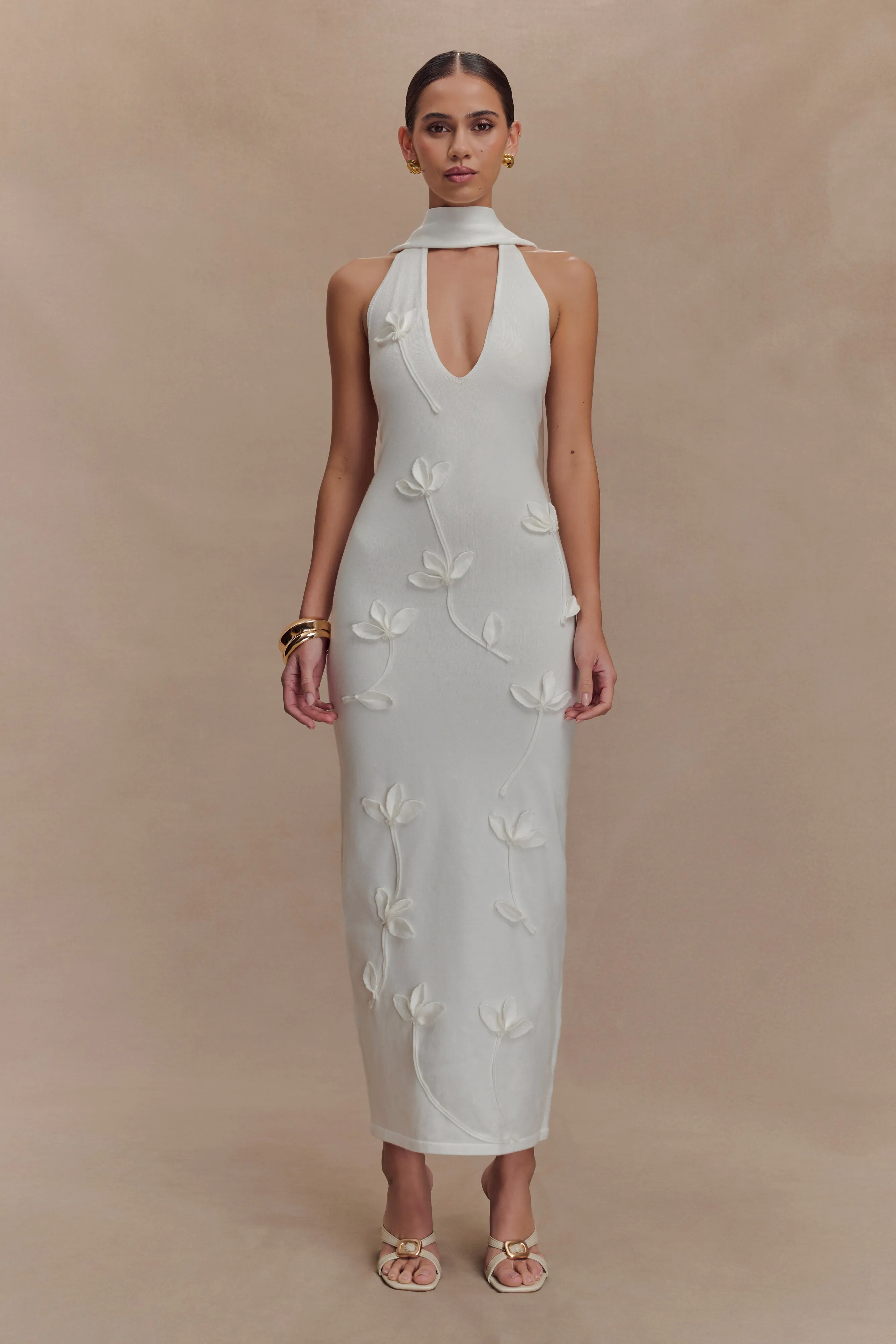 Wynn Floral Knit Midi Dress - White sold by Meshki