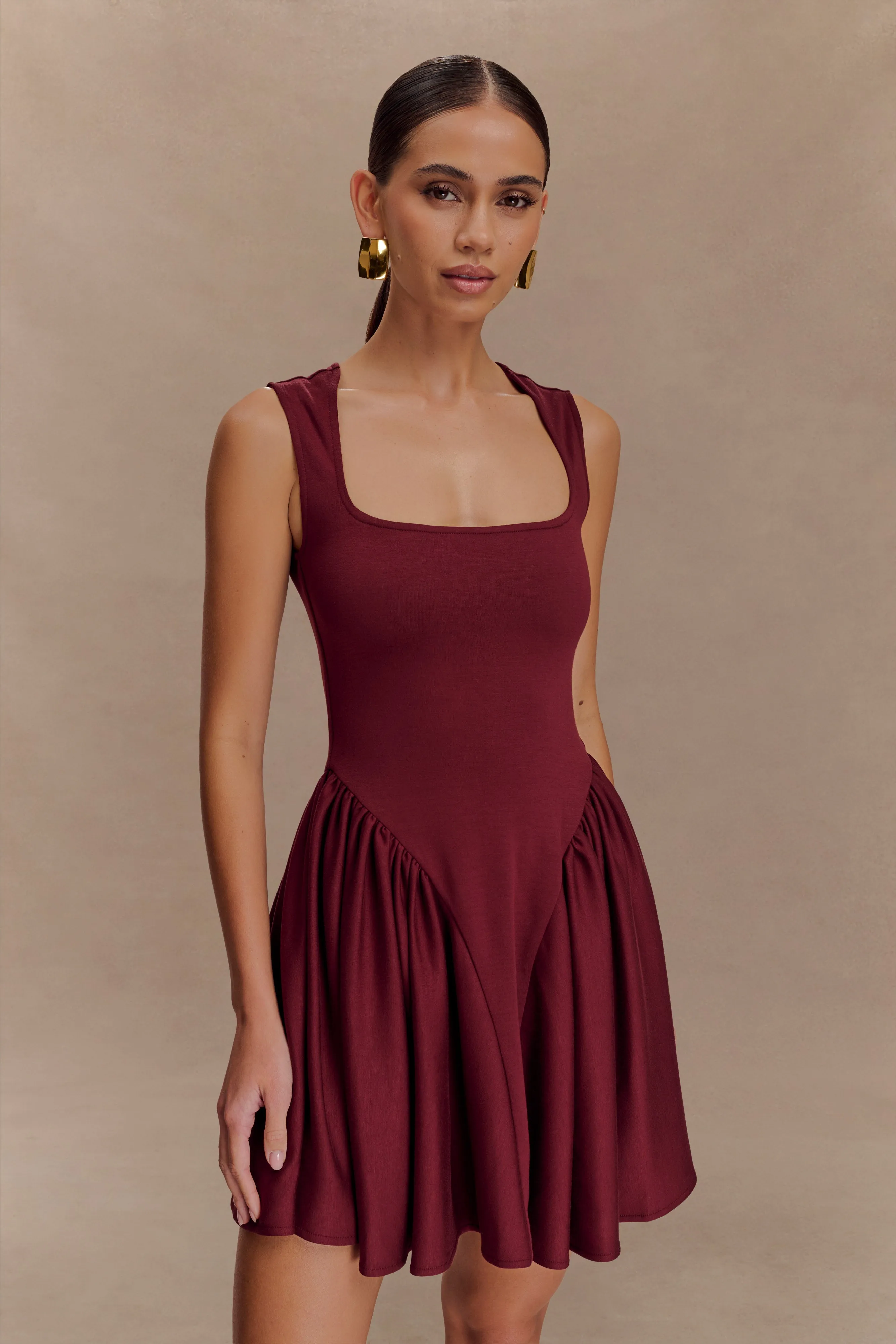 Sharon Scuba Jersey Mini Dress - Wine sold by Meshki