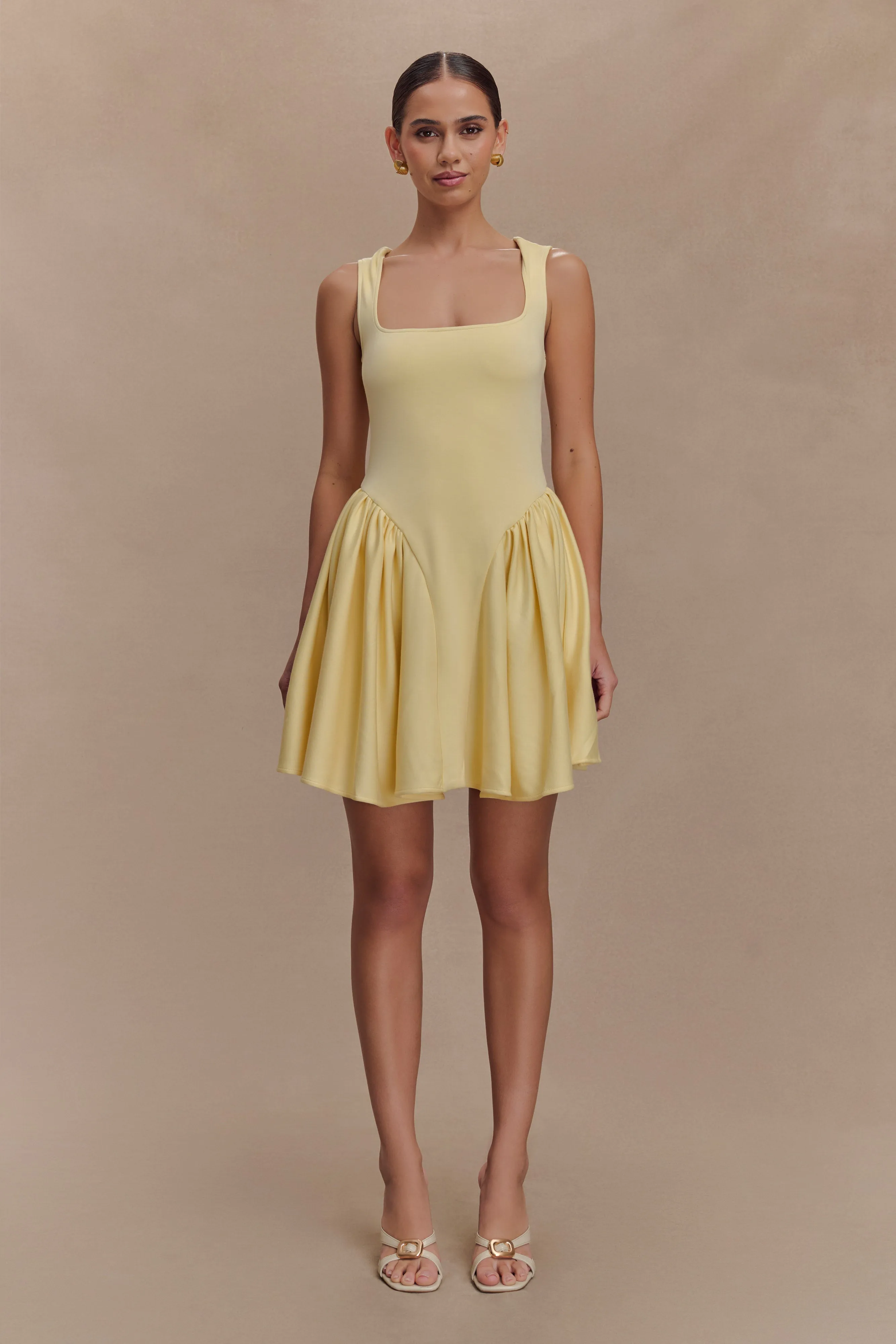Sharon Scuba Jersey Mini Dress - Pastel Lemon sold by Meshki
