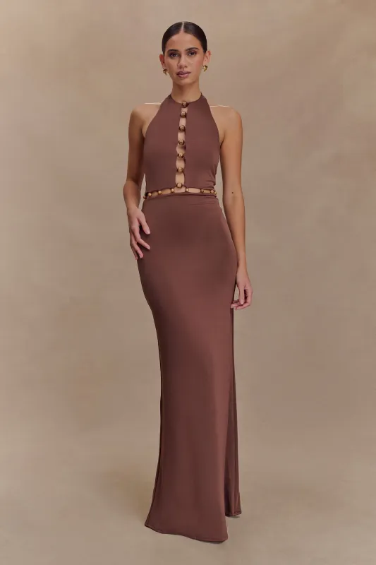 Albion Beaded Slinky Maxi Dress - Chocolate made by Meshki