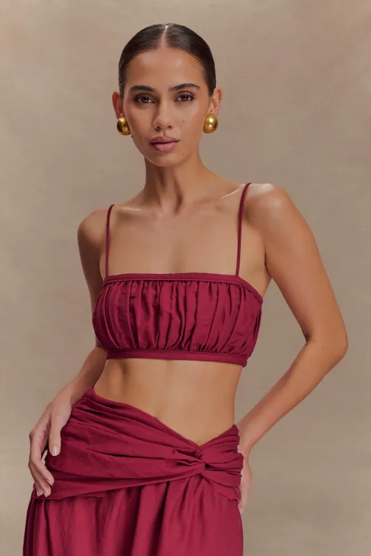 Scottie Shirred Linen Bandeau - Wine sold by Meshki